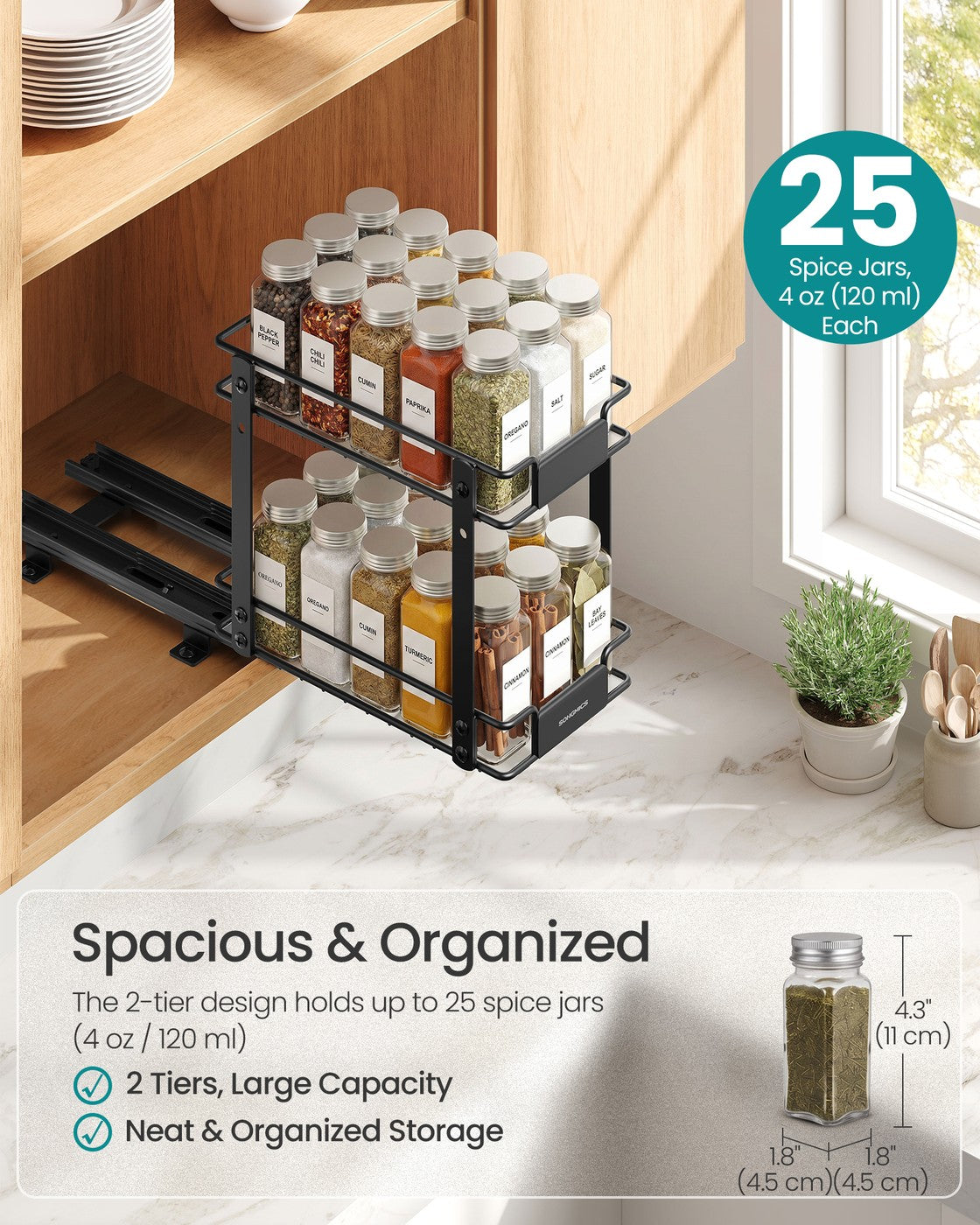 2 Tier Pull Out Spice Rack for Inside Cabinets - Black