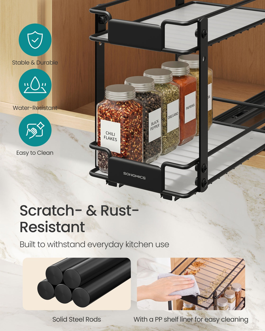 2 Tier Pull Out Spice Rack for Inside Cabinets - Black