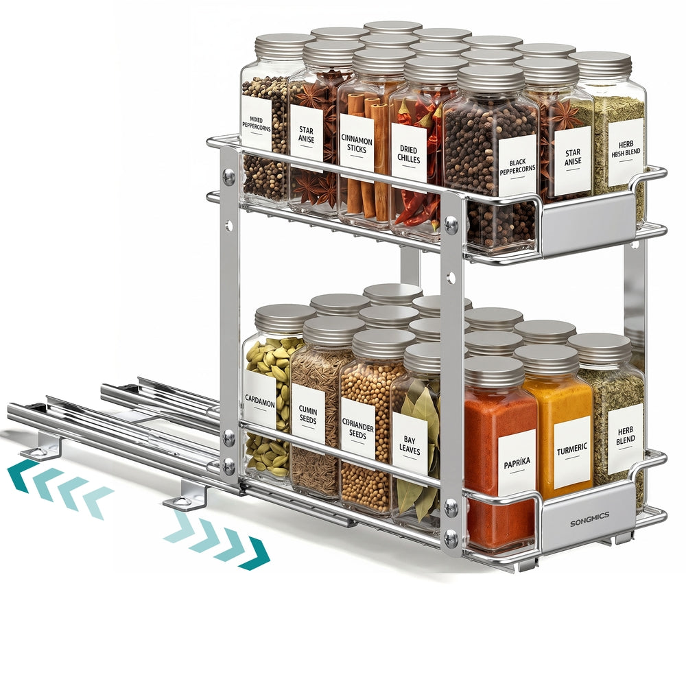 2 Tier Pull Out Spice Rack for Inside Cabinets - Silver