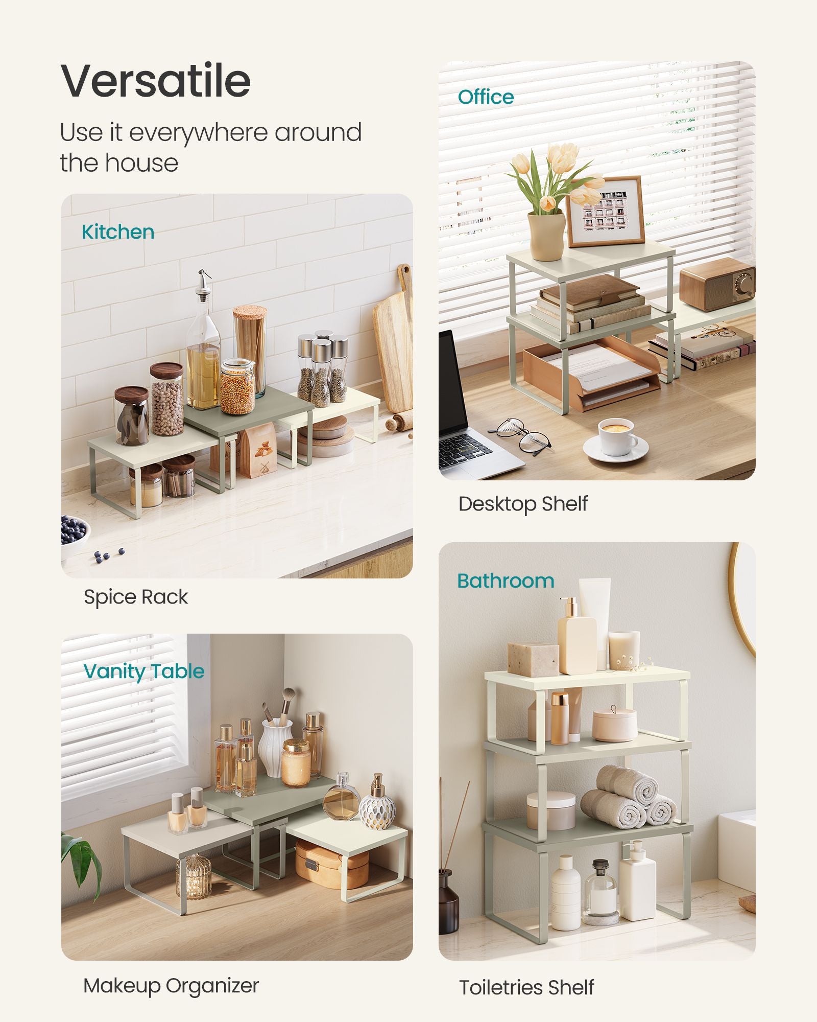 Kitchen Counter Shelves - Set Of 3 - Stackable Risers For Spice And Dish Display