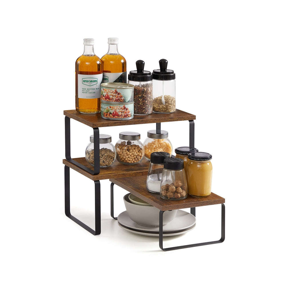 Kitchen Counter Shelves - Set Of 3 - Stackable Risers For Spice And Dish Display - Brown + Black