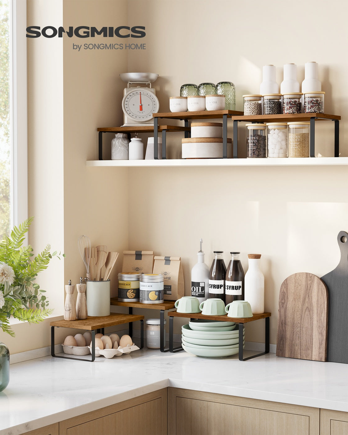 Kitchen Counter Shelves - Stackable Risers for Spice and Dish Display - Set of 3