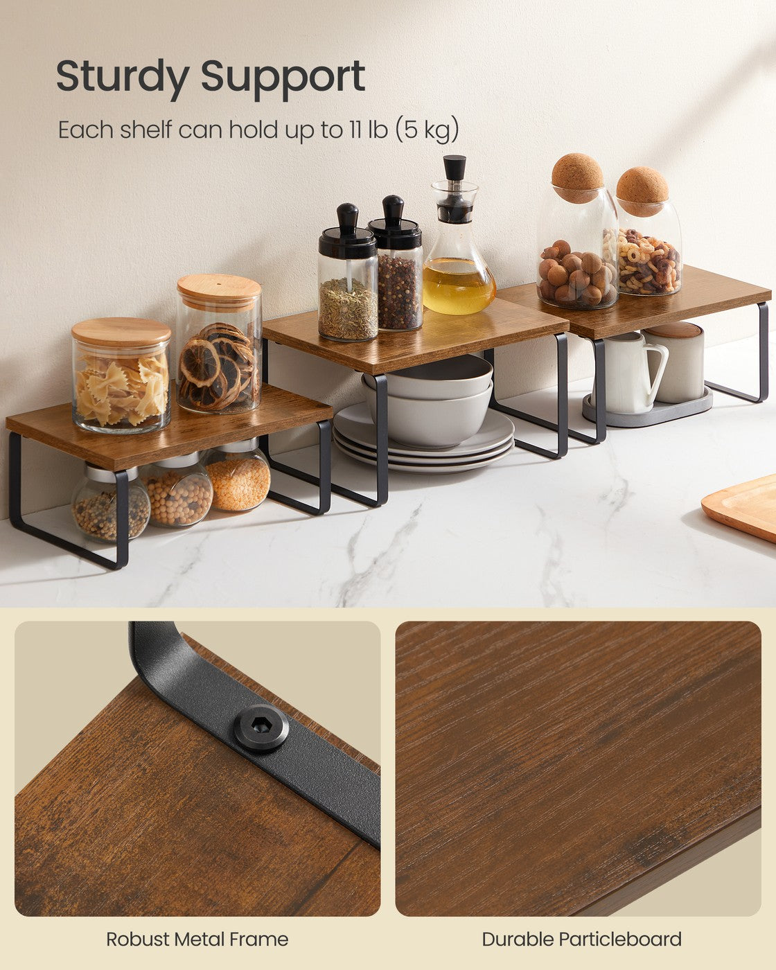 Kitchen Counter Shelves - Stackable Risers for Spice and Dish Display - Set of 3