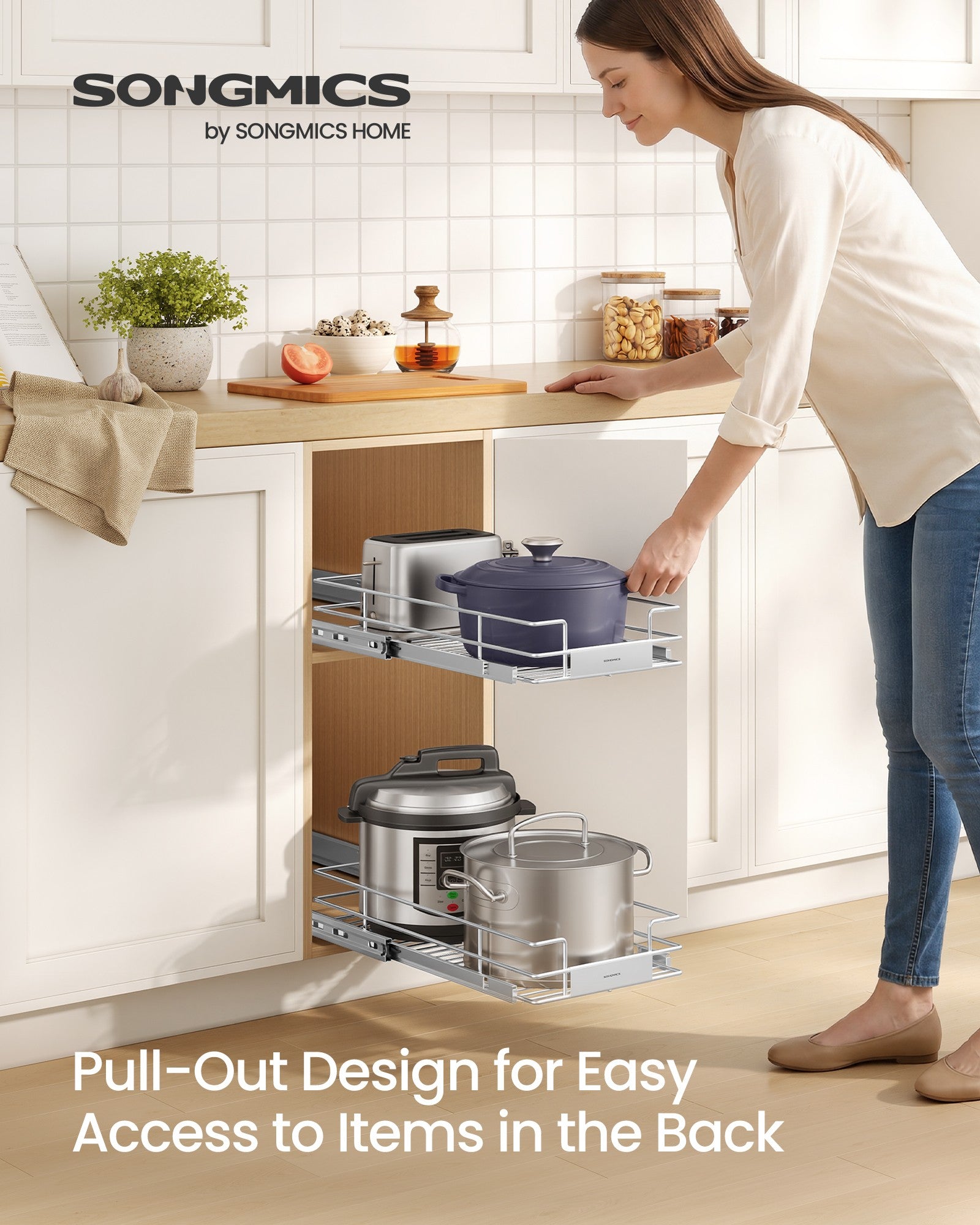 Pull Out Cabinet Organizer - Heavy Duty Steel - Slide Out Shelf - 21.3"x11.6"x5.3" - Silver - Silver