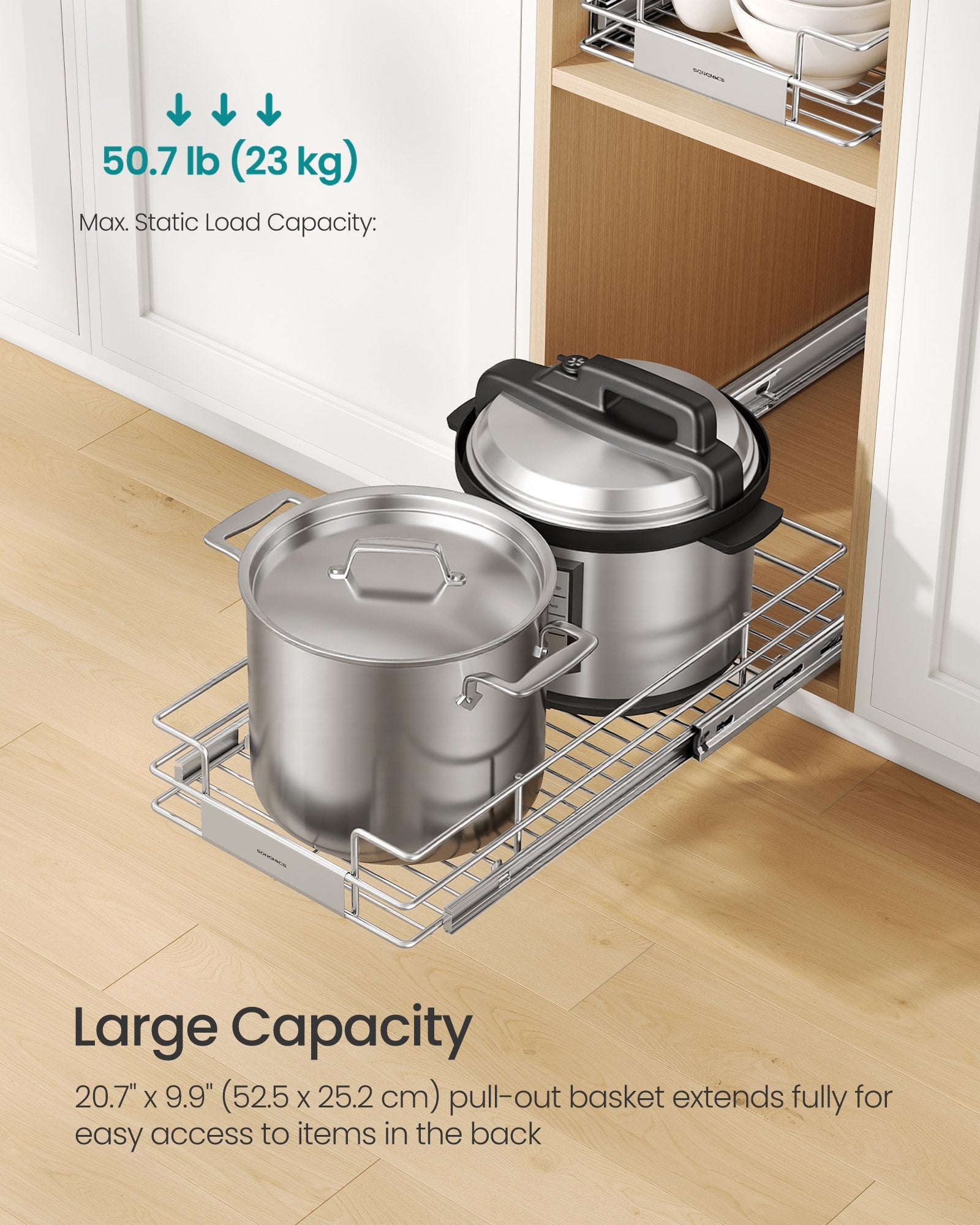 Pull Out Cabinet Organizer - Heavy Duty Steel - Slide Out Shelf - 21.3"x11.6"x5.3" - Silver - Silver