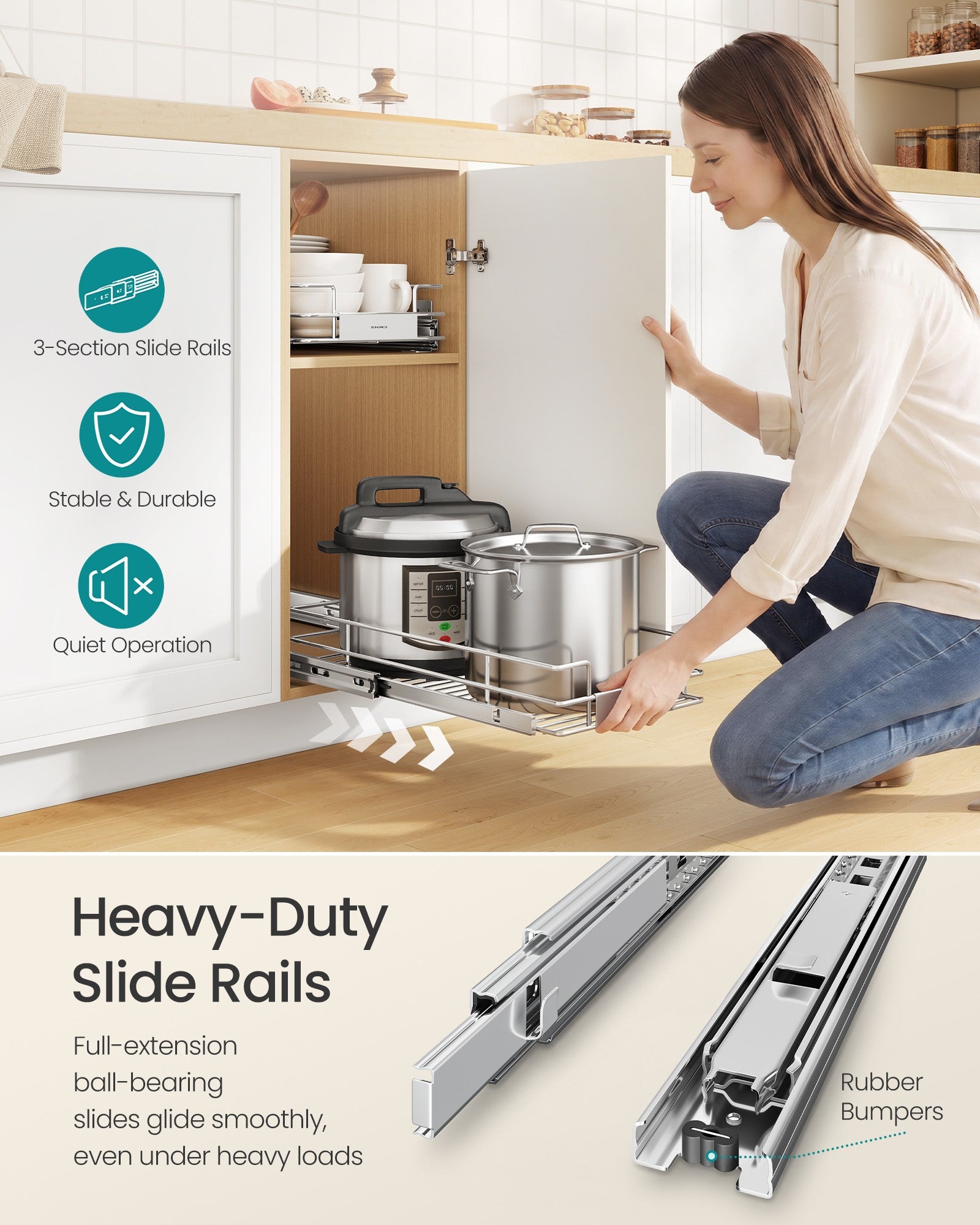 Pull Out Cabinet Organizer - Heavy Duty Steel - Slide Out Shelf - 21.3"x11.6"x5.3" - Silver - Silver