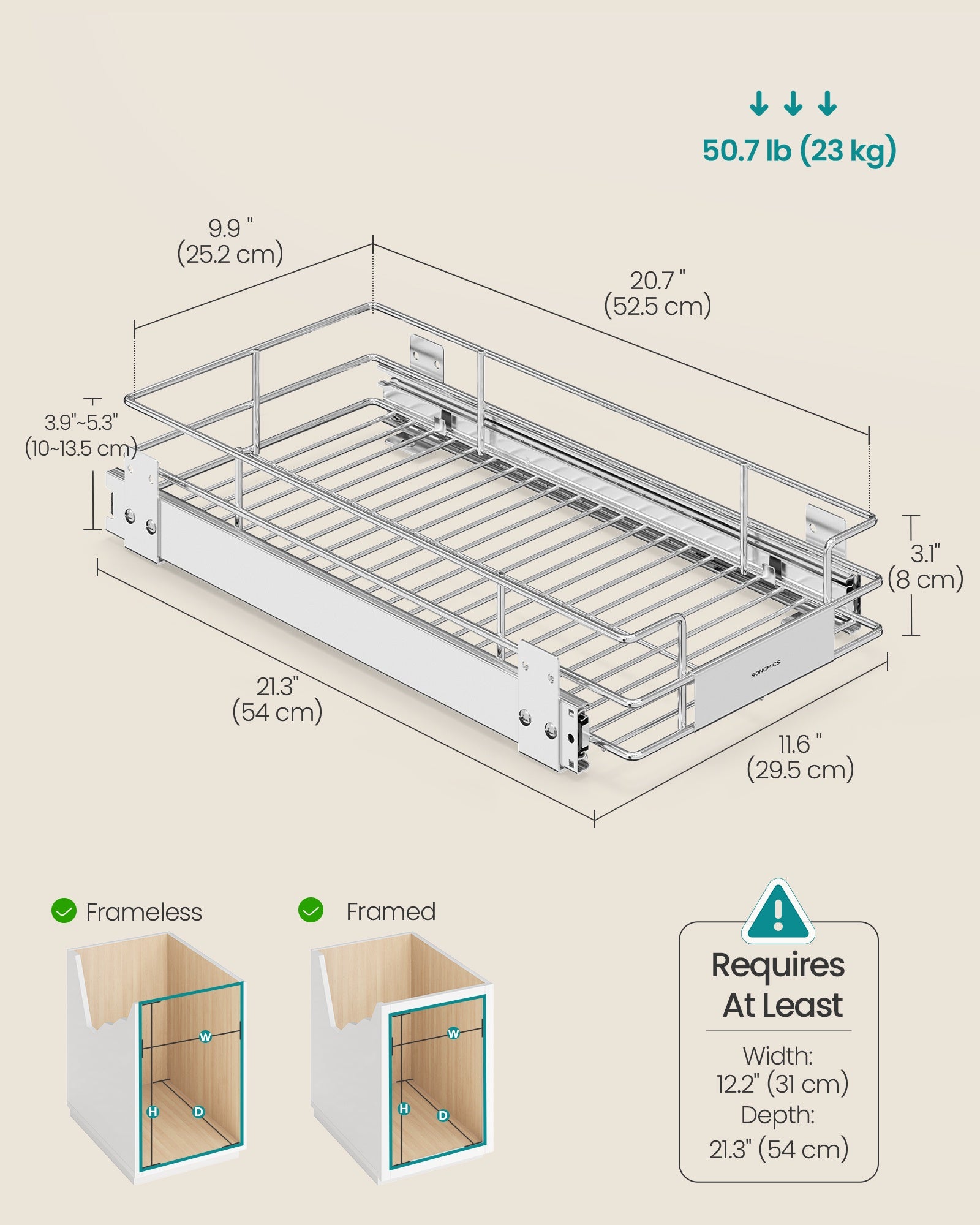 Pull Out Cabinet Organizer - Heavy Duty Steel - Slide Out Shelf - 21.3"x11.6"x5.3" - Silver - Silver