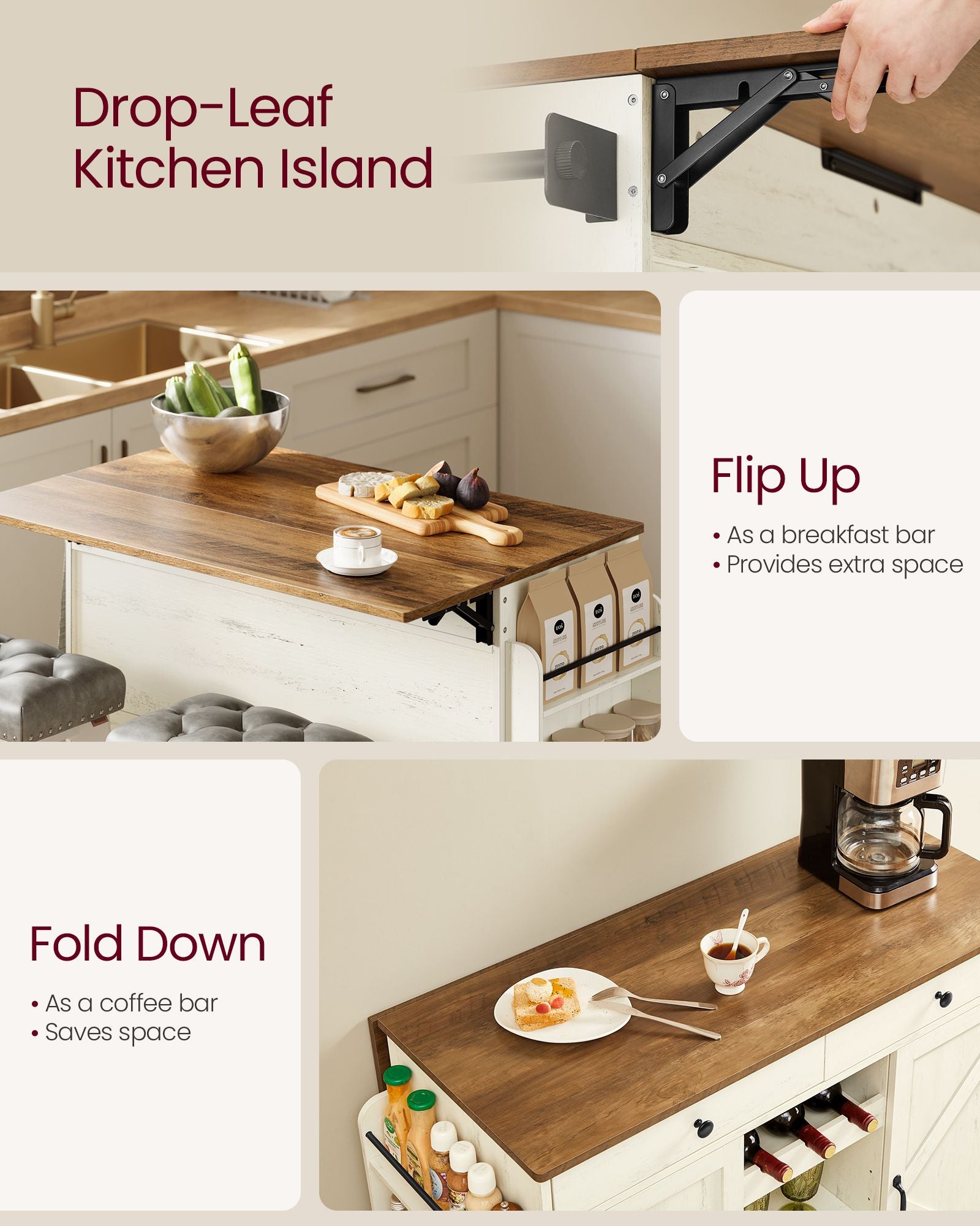 Mobile Kitchen Island with Drop Leaf - Portable Island with Spice Rack - Mobile Cart with Storage Cabinet
