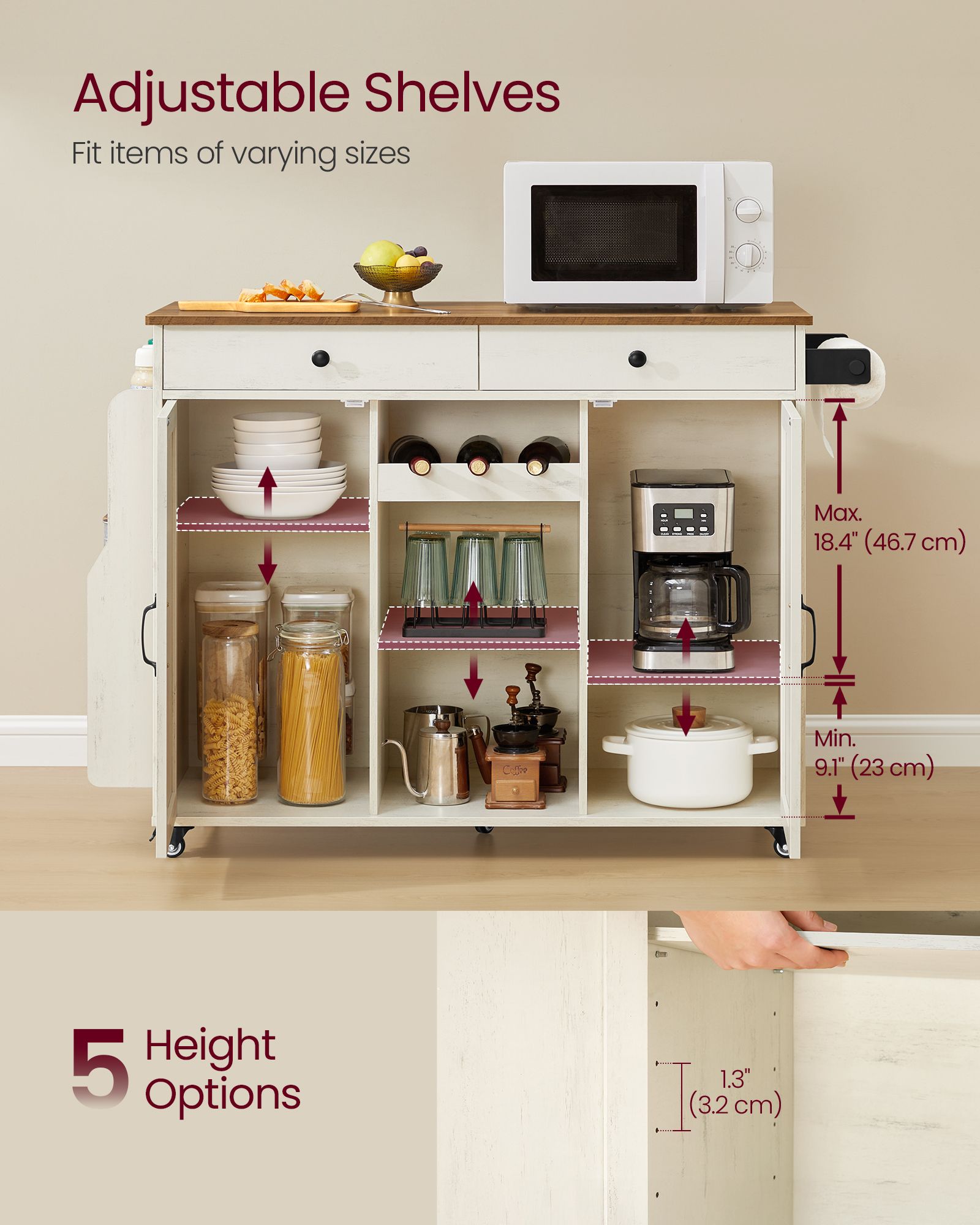 Mobile Kitchen Island with Drop Leaf - Portable Island with Spice Rack - Mobile Cart with Storage Cabinet