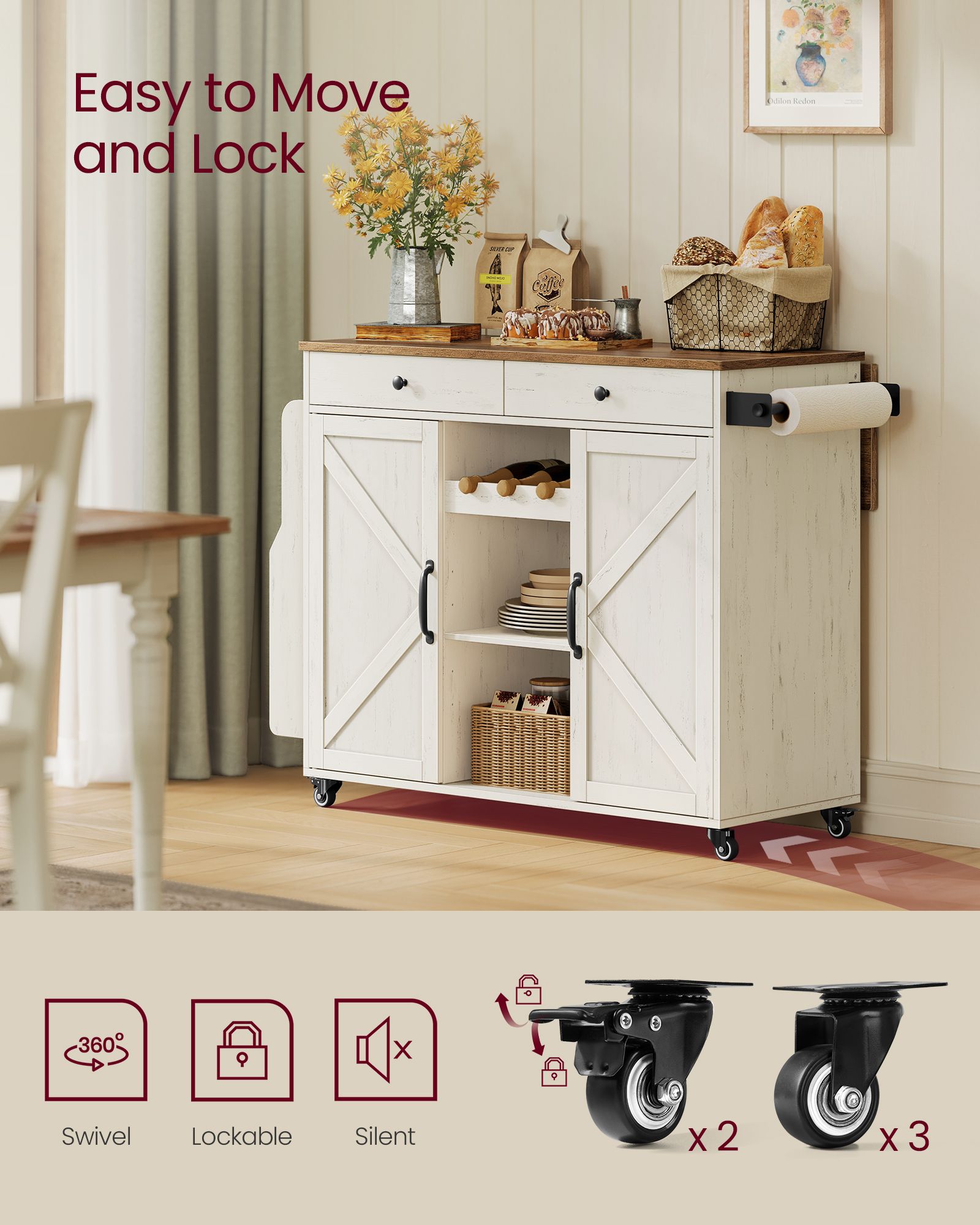 Mobile Kitchen Island with Drop Leaf - Portable Island with Spice Rack - Mobile Cart with Storage Cabinet
