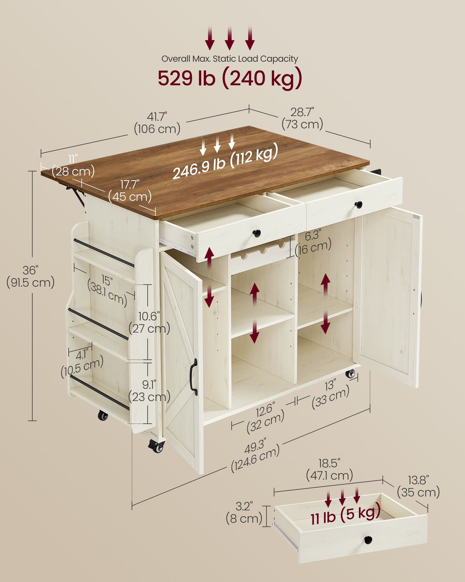 Mobile Kitchen Island with Drop Leaf - Portable Island with Spice Rack - Mobile Cart with Storage Cabinet