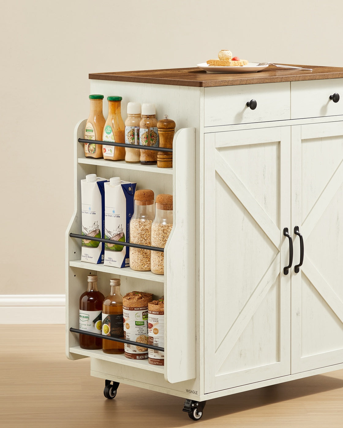 Mobile Kitchen Island - Portable Island with Spice Rack - Mobile Cart with Storage Cabinet