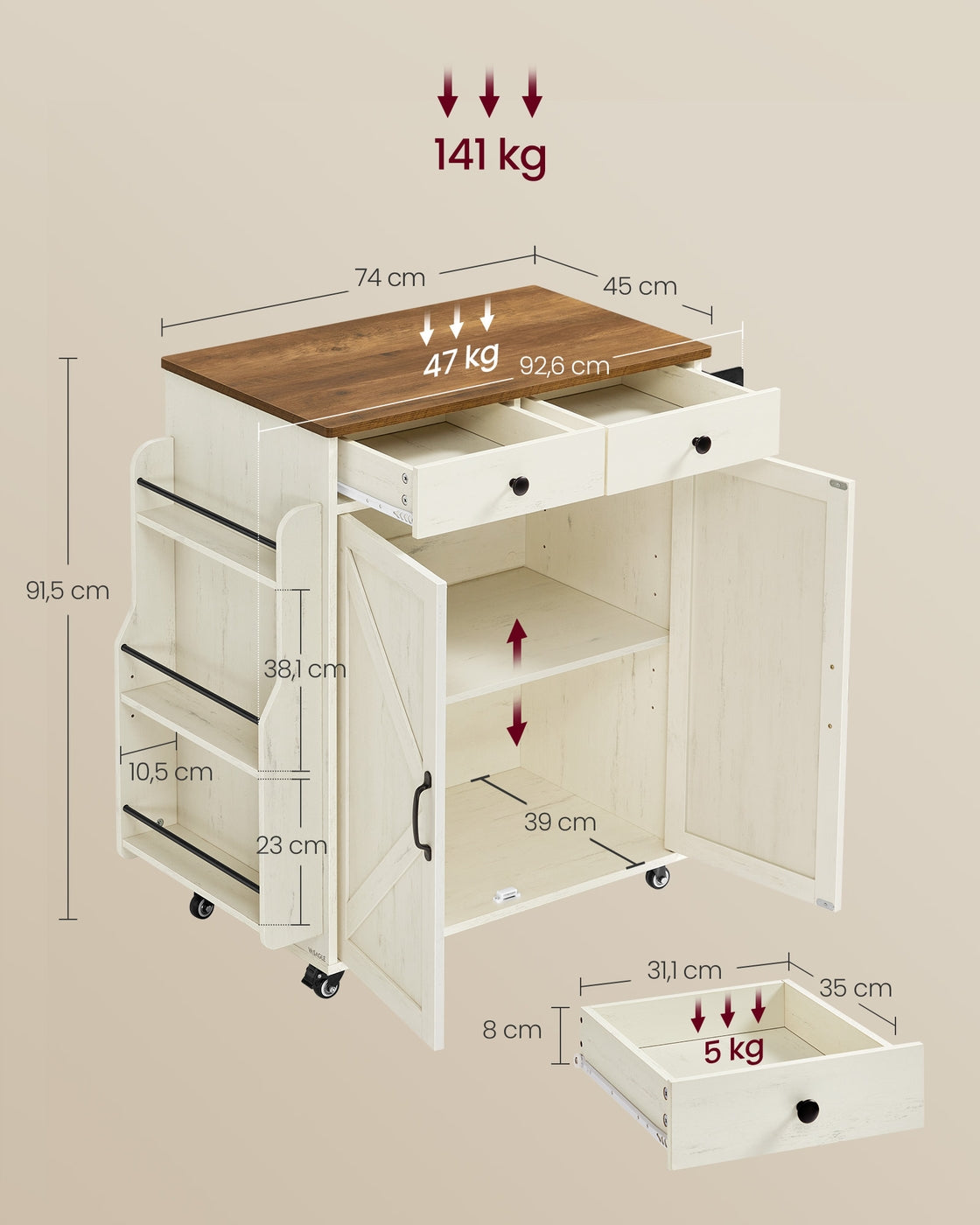 Mobile Kitchen Island - Portable Island with Spice Rack - Mobile Cart with Storage Cabinet
