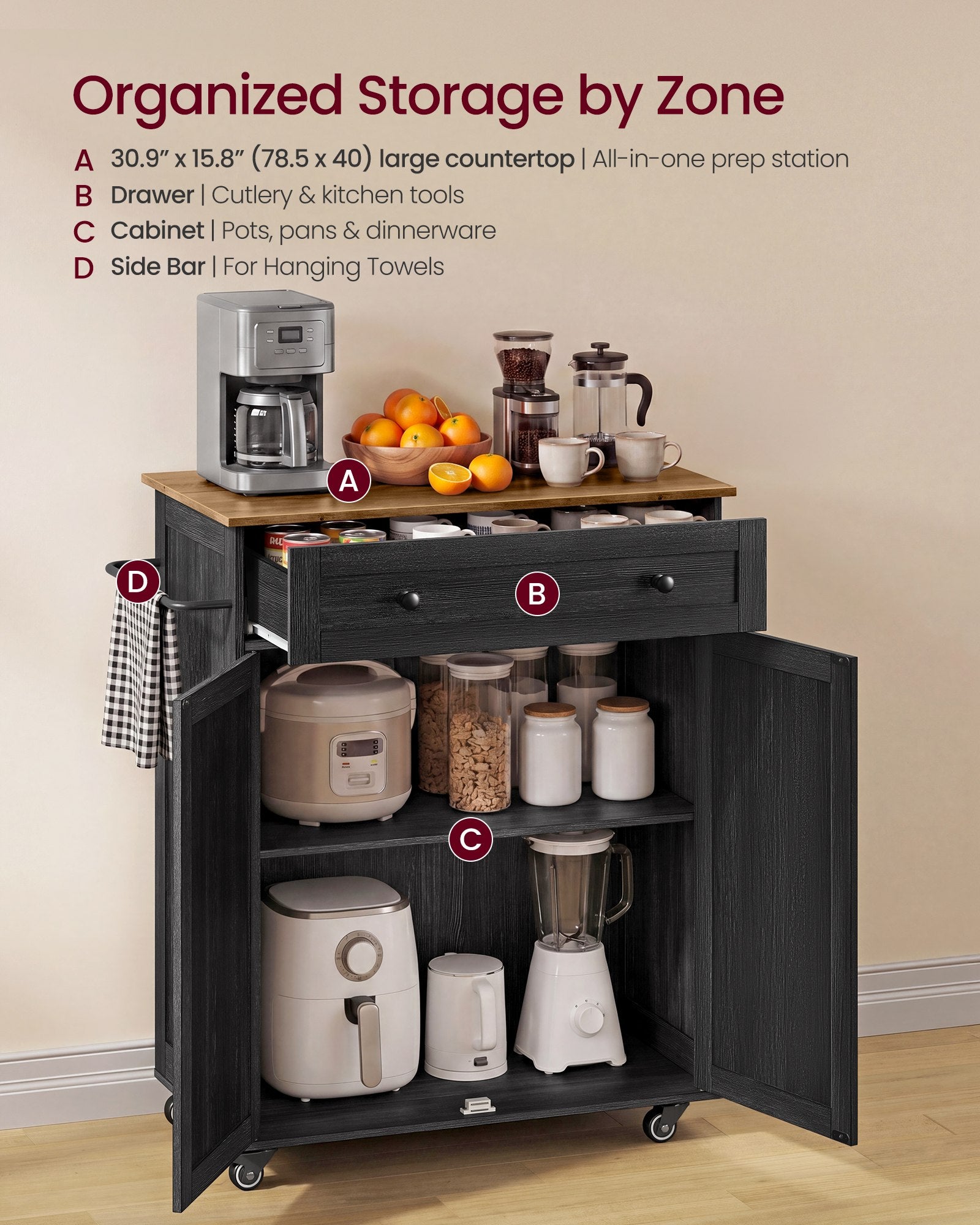 Mobile Kitchen Island - Charcoal Gray, Honey Brown