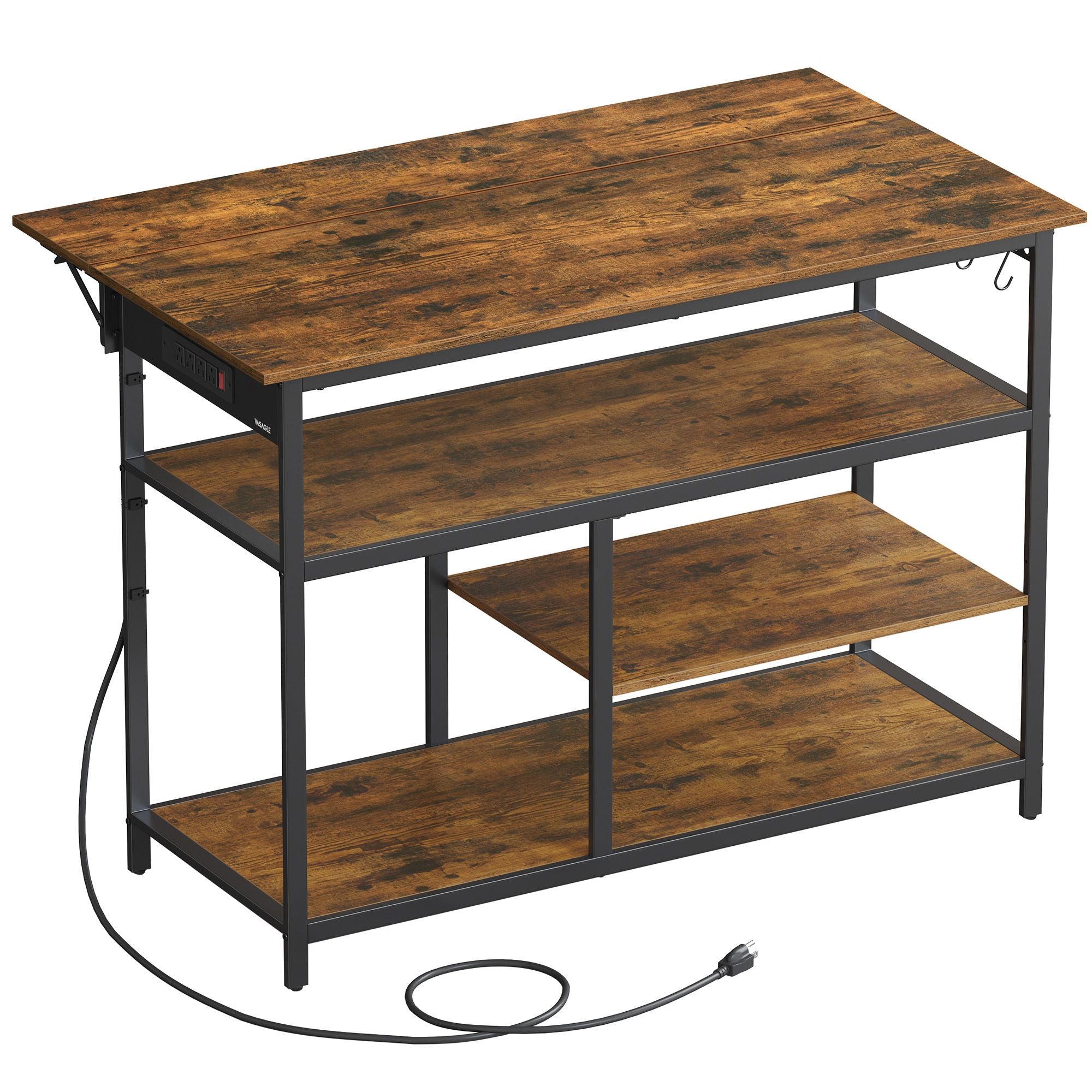 Rolling Kitchen Island with Drop Leaf and Power Outlet - Rustic Brown, Ink Black