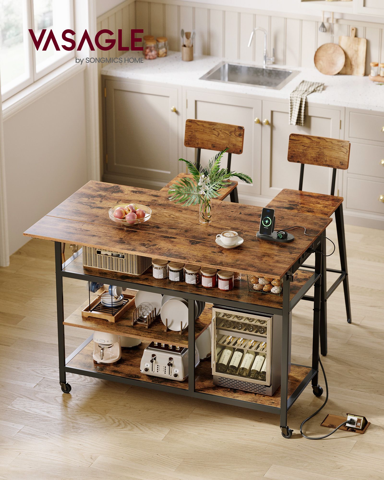 Rolling Kitchen Island with Drop Leaf and Power Outlet - Rustic Brown, Ink Black