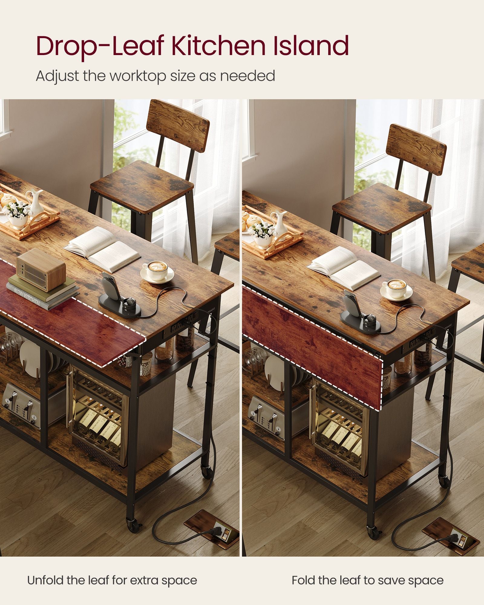 Rolling Kitchen Island with Drop Leaf and Power Outlet - Rustic Brown, Ink Black