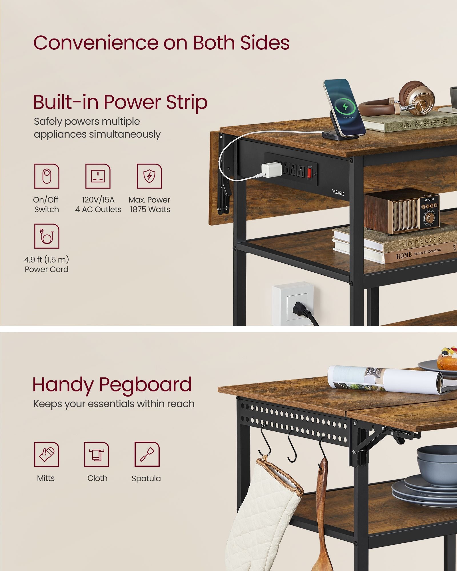 Rolling Kitchen Island with Drop Leaf and Power Outlet - Rustic Brown, Ink Black
