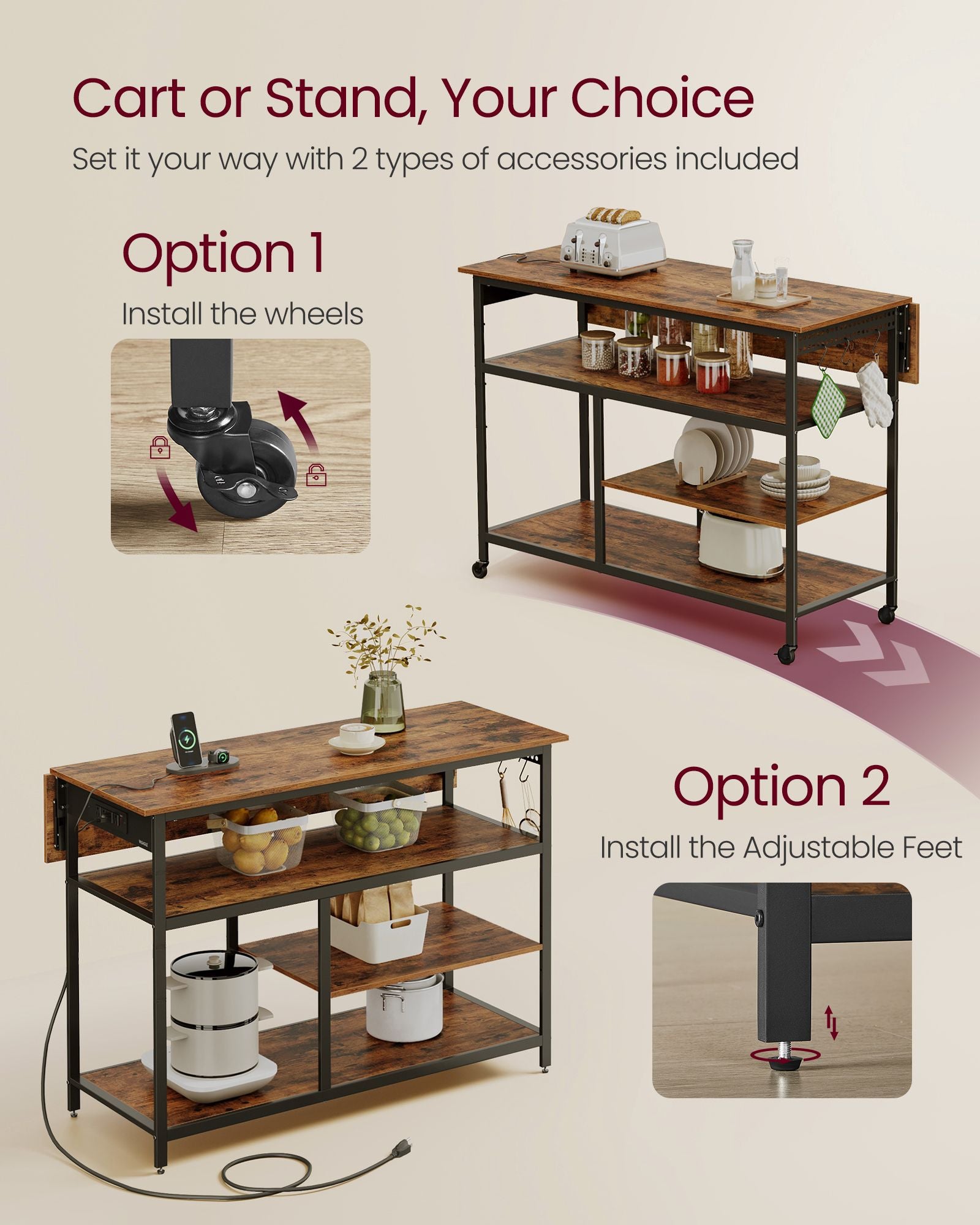 Rolling Kitchen Island with Drop Leaf and Power Outlet - Rustic Brown, Ink Black