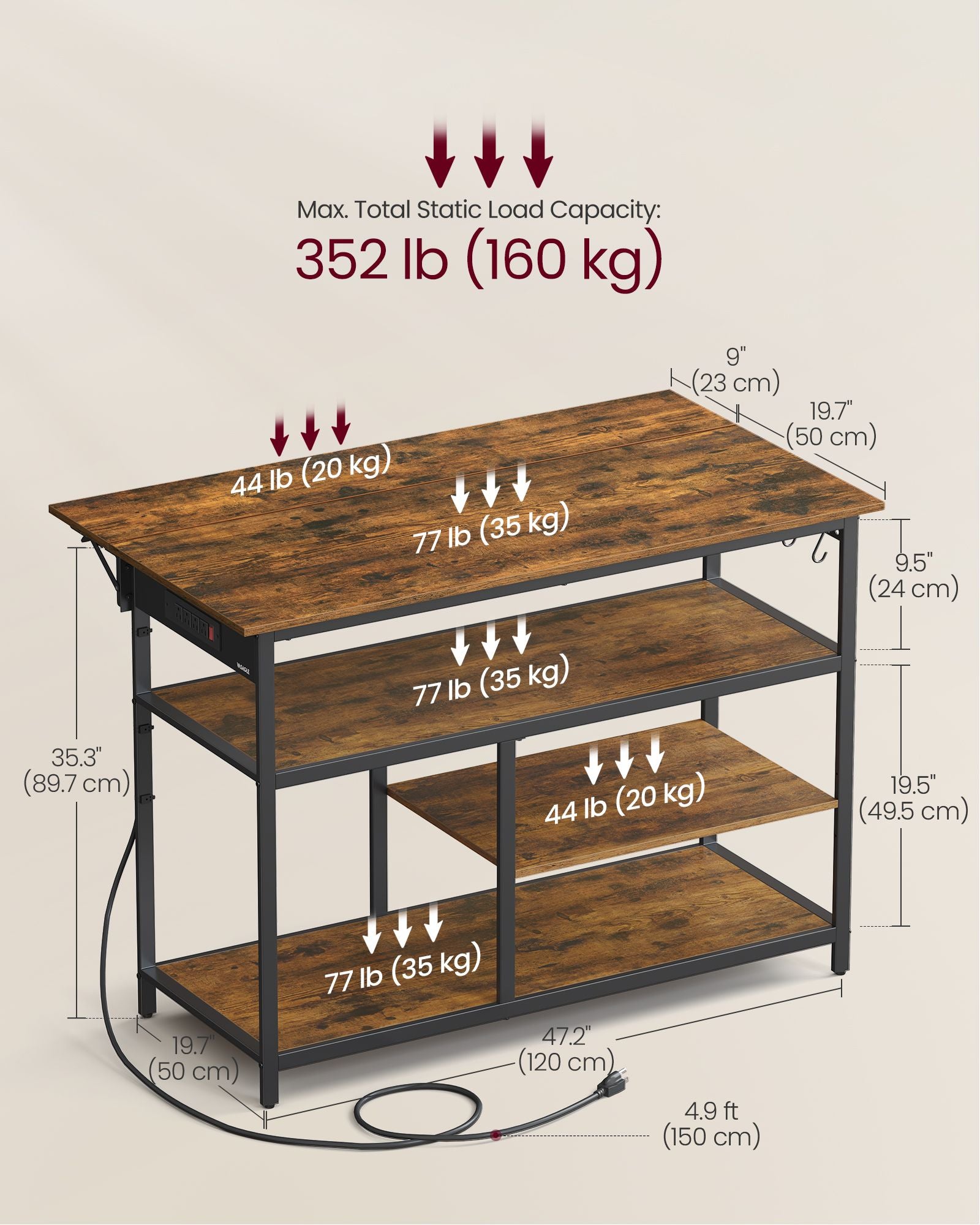 Rolling Kitchen Island with Drop Leaf and Power Outlet - Rustic Brown, Ink Black