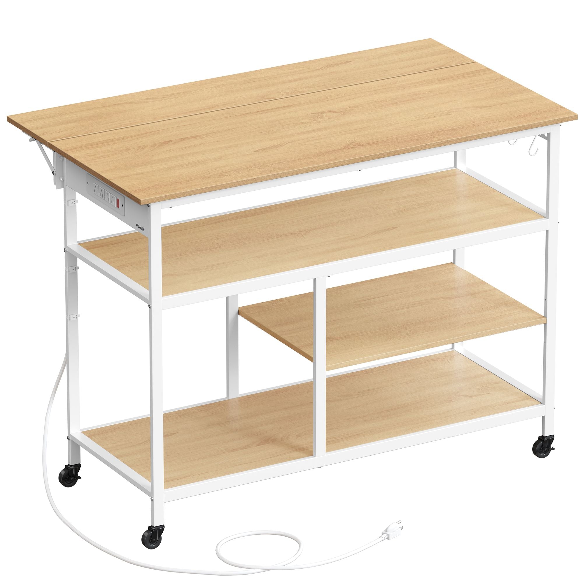 Rolling Kitchen Island with Drop Leaf and Power Outlet - Golden Oak, Cloud White