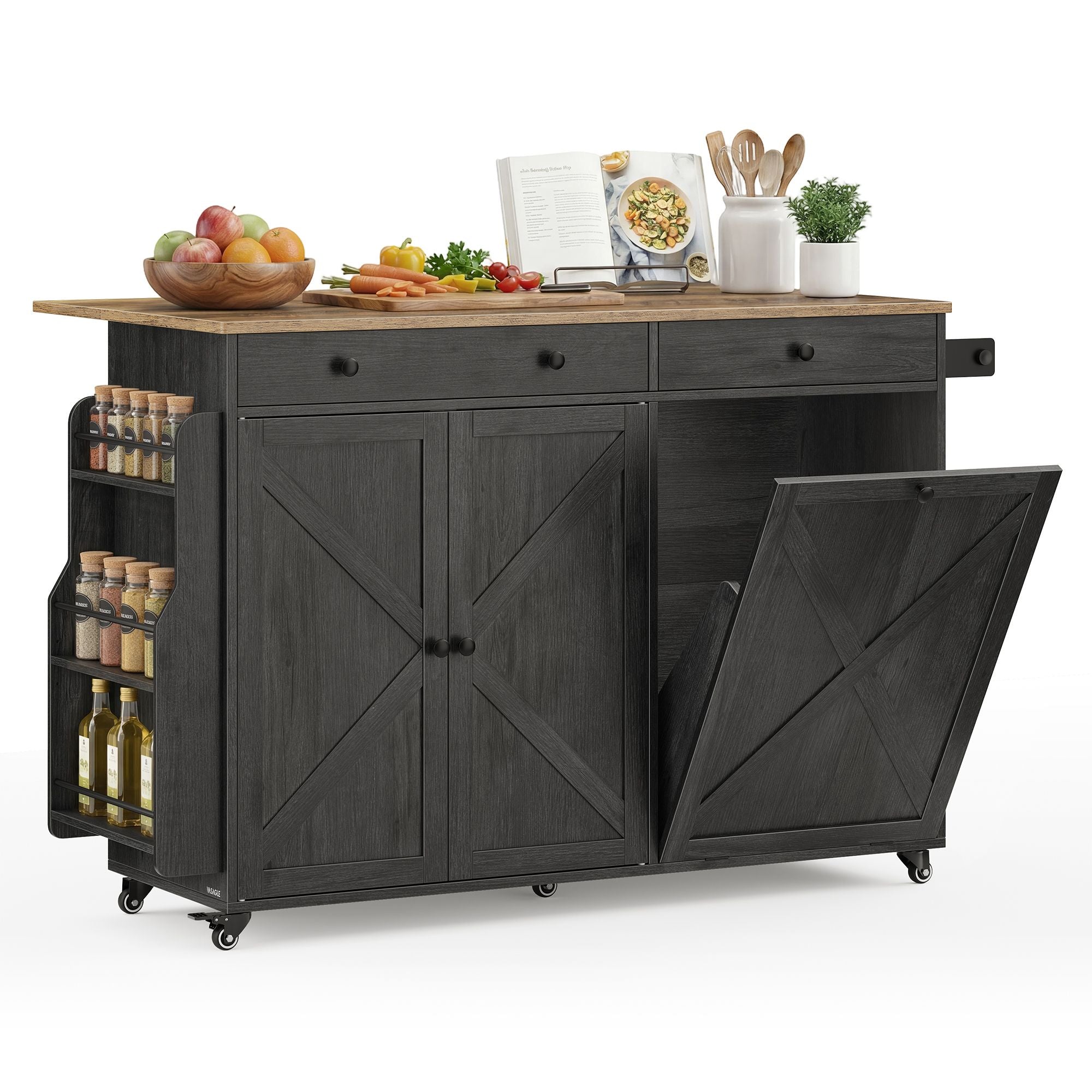 Mobile Kitchen Island with Trash Can Storage - Drop Leaf - Portable Island with Spice Rack - Black