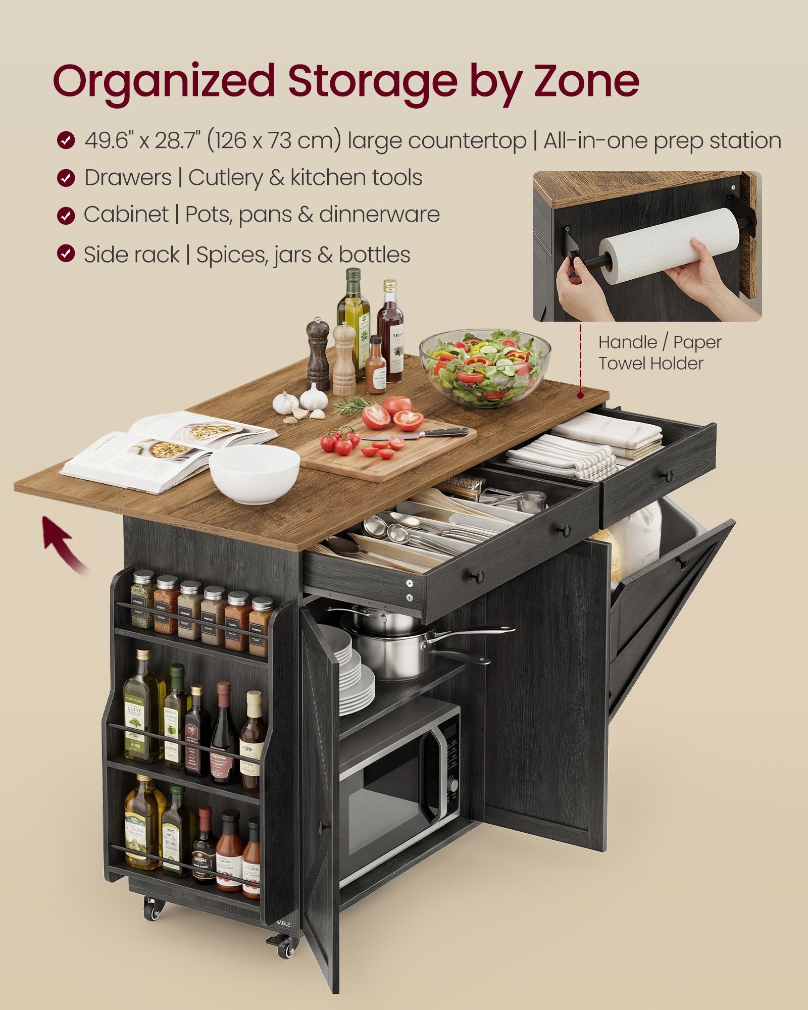 Mobile Kitchen Island with Trash Can Storage - Drop Leaf - Portable Island with Spice Rack - Black