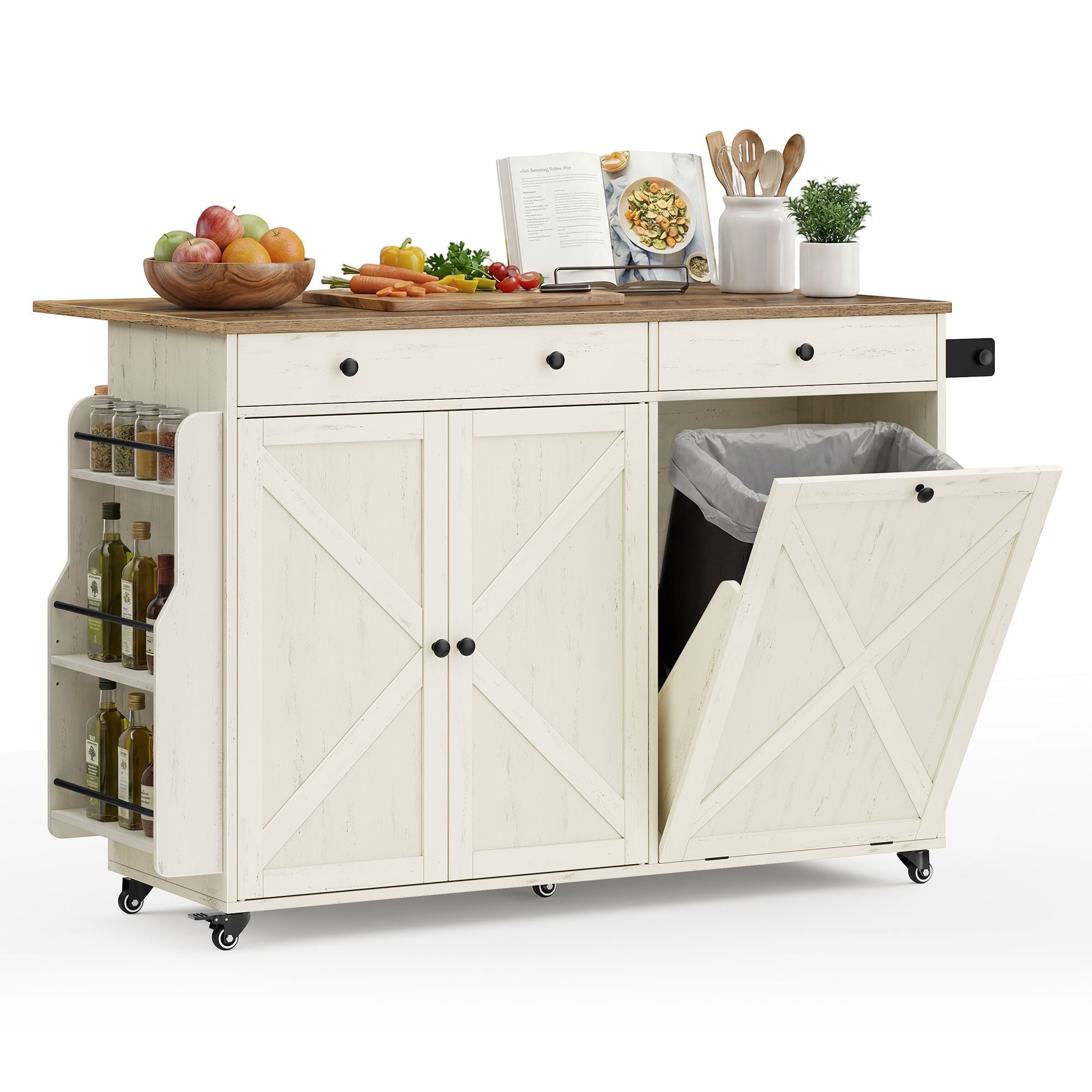 Mobile Kitchen Island with Trash Can Storage - Drop Leaf - Portable Island with Spice Rack - White