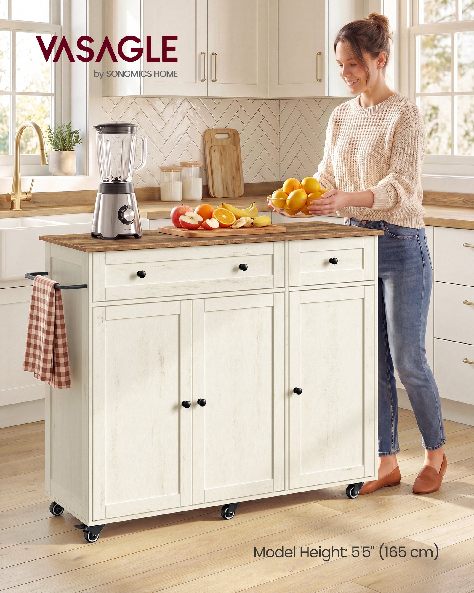 Mobile Kitchen Island - Cloud White, Warm Earth Brown