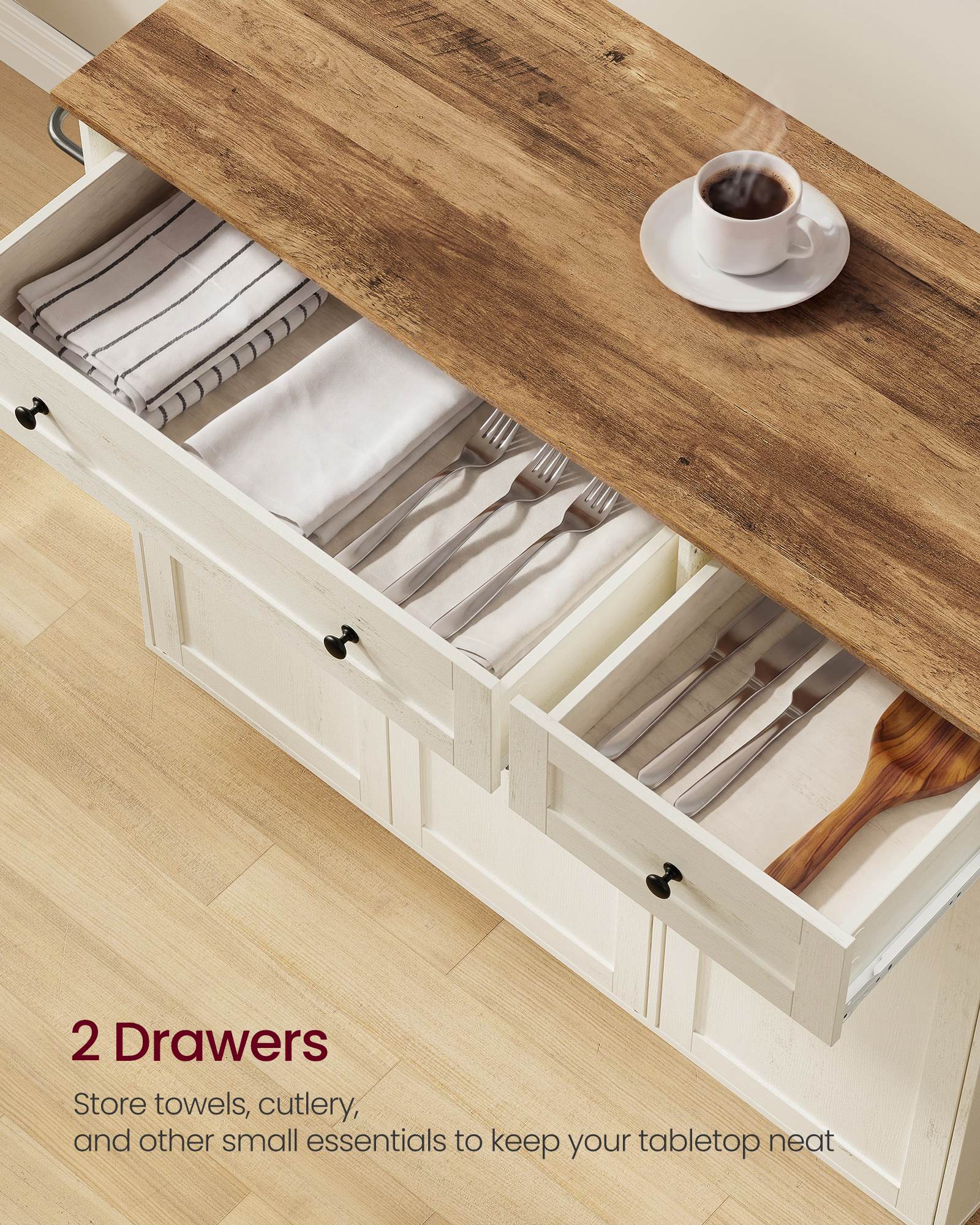 Mobile Kitchen Island - Cloud White, Warm Earth Brown