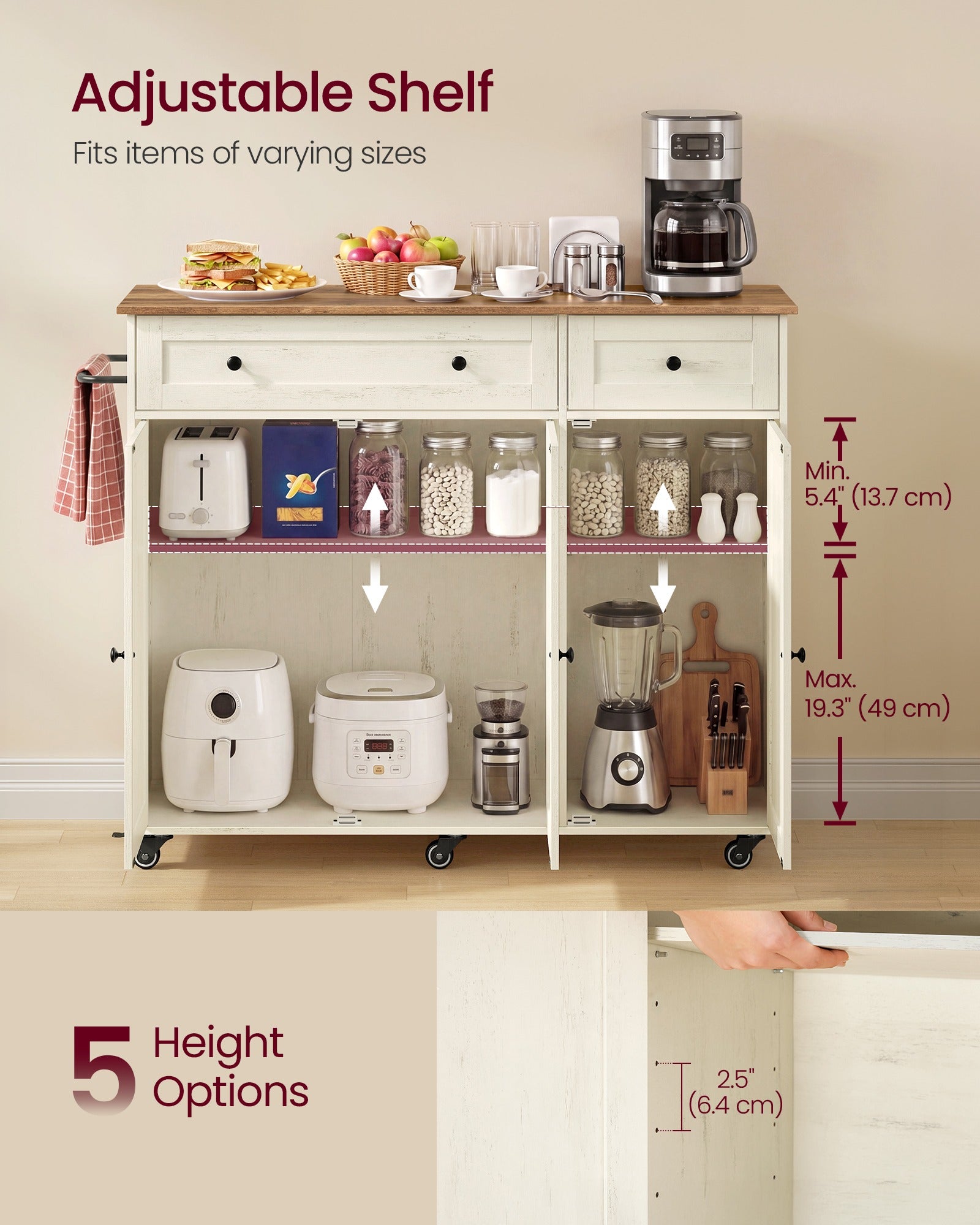 Mobile Kitchen Island - Cloud White, Warm Earth Brown