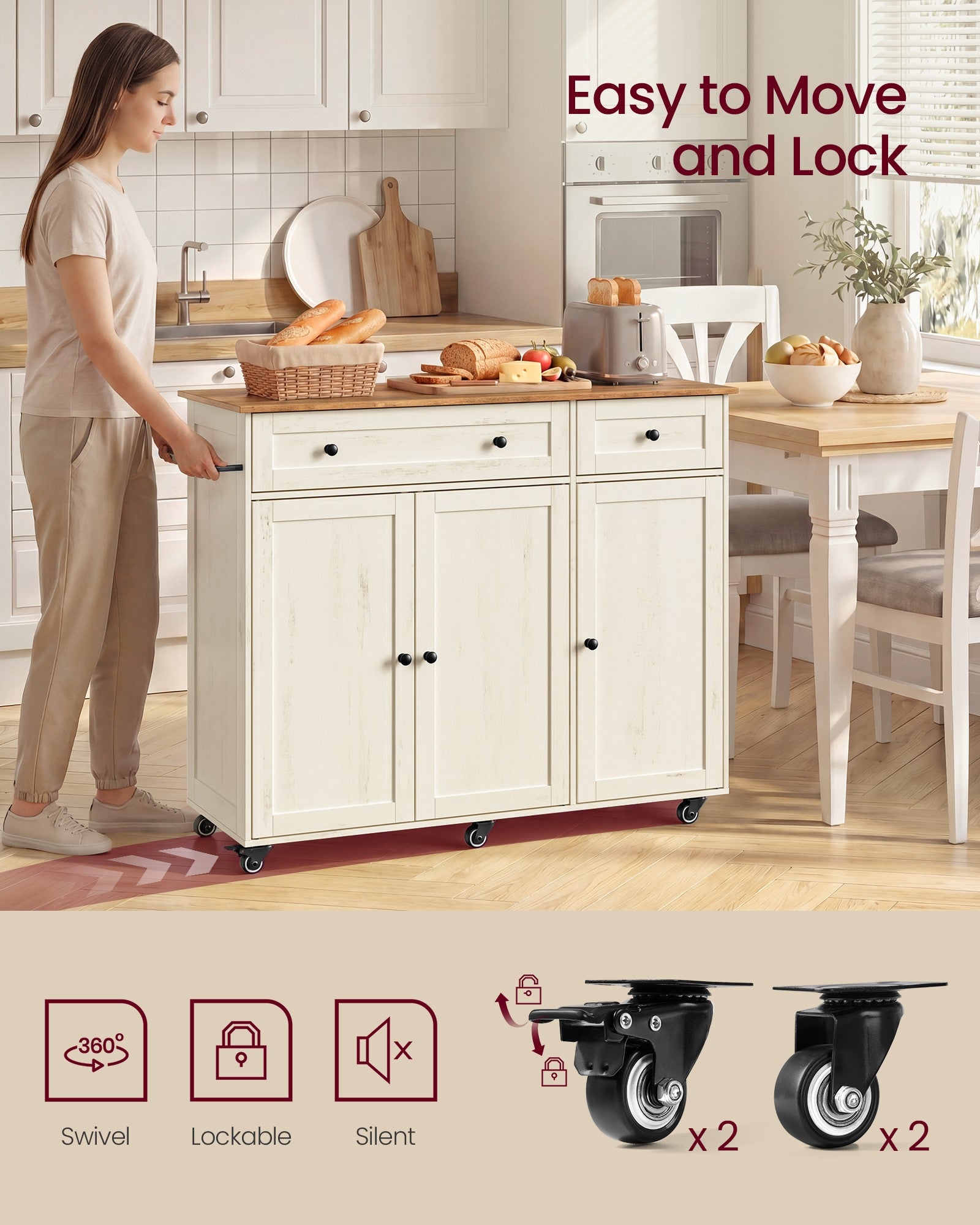 Mobile Kitchen Island - Cloud White, Warm Earth Brown