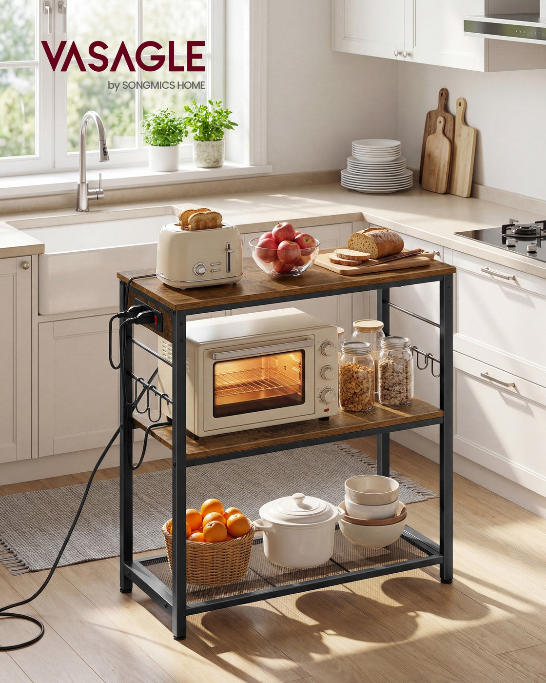 Metal Kitchen Island with Power Outlet and Hooks - Rustic Brown, Black