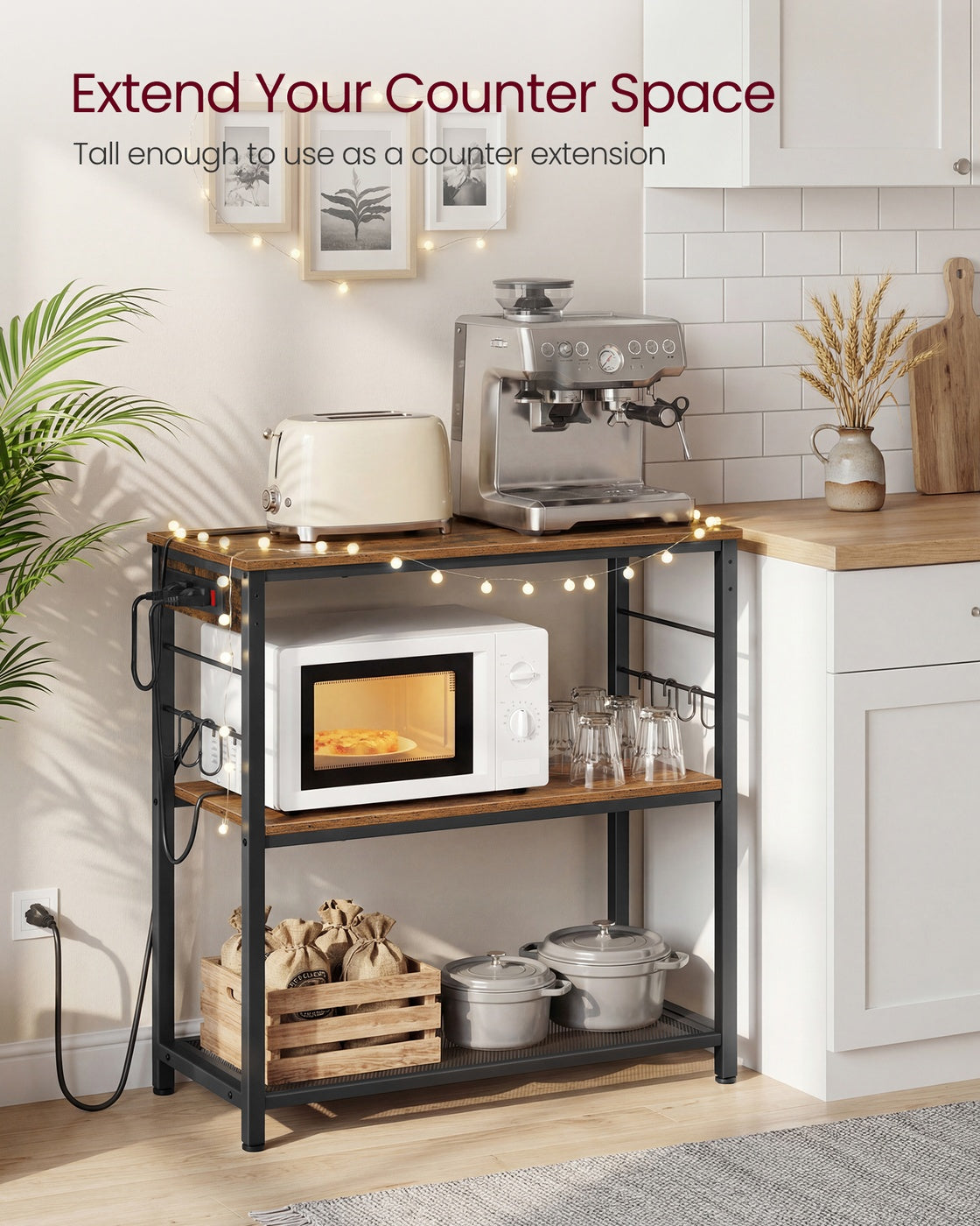 Metal Kitchen Island with Power Outlet and Hooks - Rustic Brown, Black