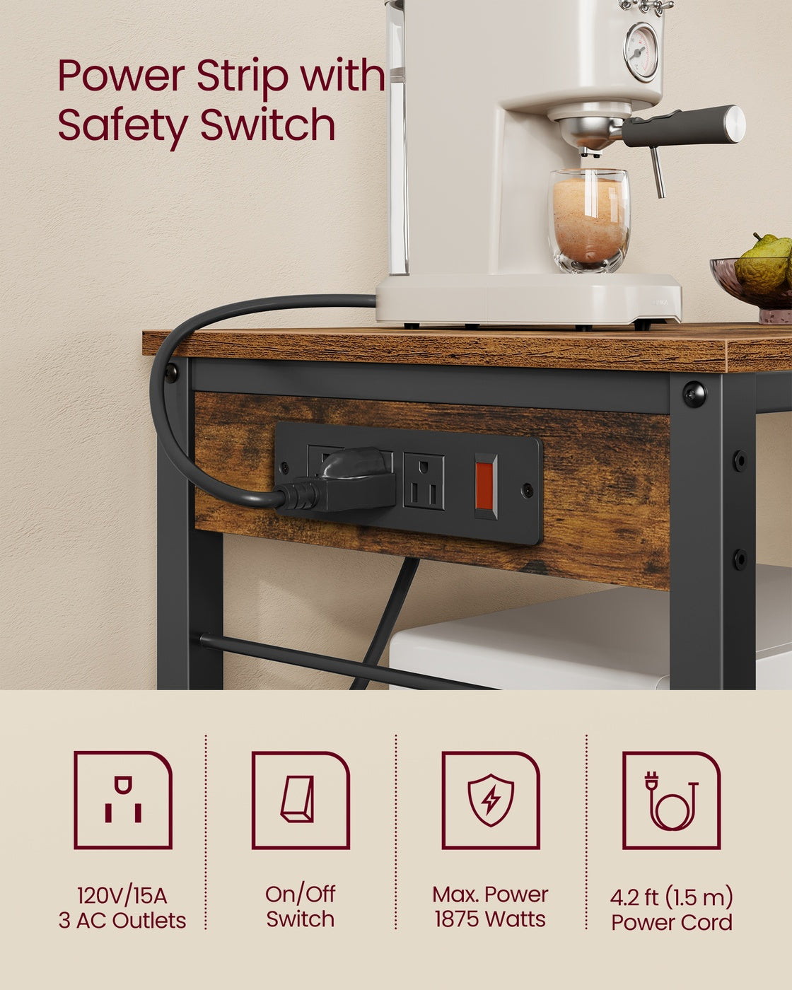 Metal Kitchen Island with Power Outlet and Hooks - Rustic Brown, Black