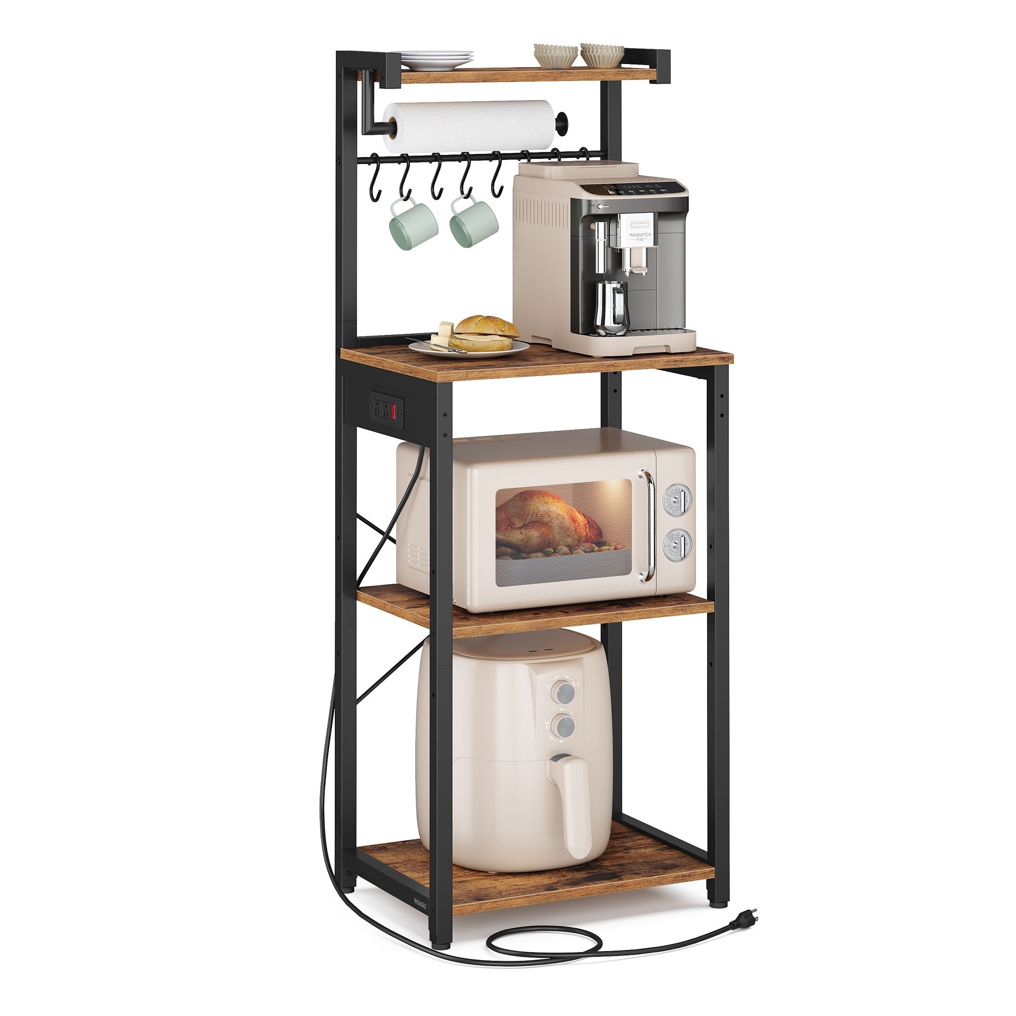 BARNET Collection - Kitchen Bakers Rack with Power Outlet - Rustic Brown, Ink Black