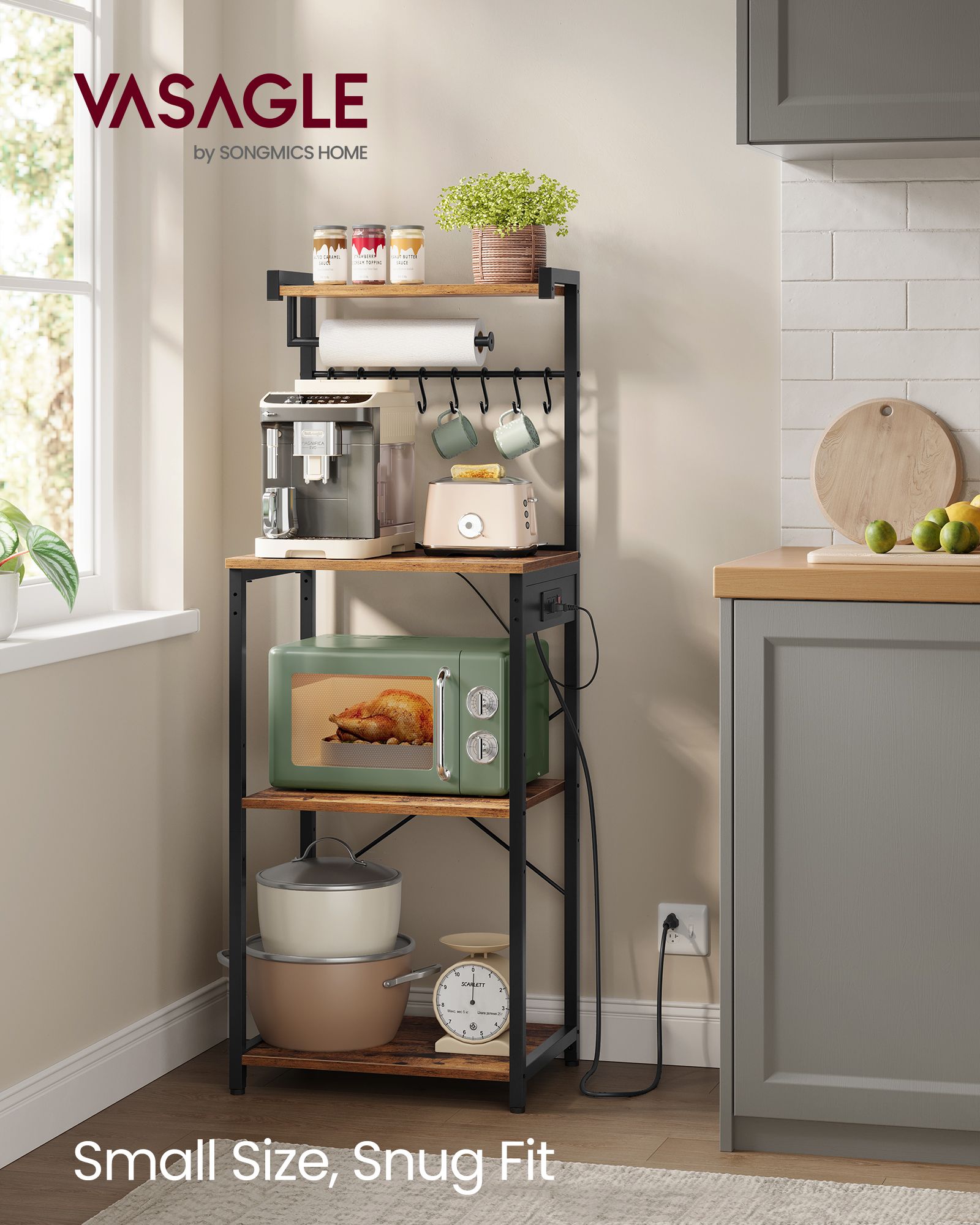 BARNET Collection - Kitchen Bakers Rack with Power Outlet - Rustic Brown, Ink Black