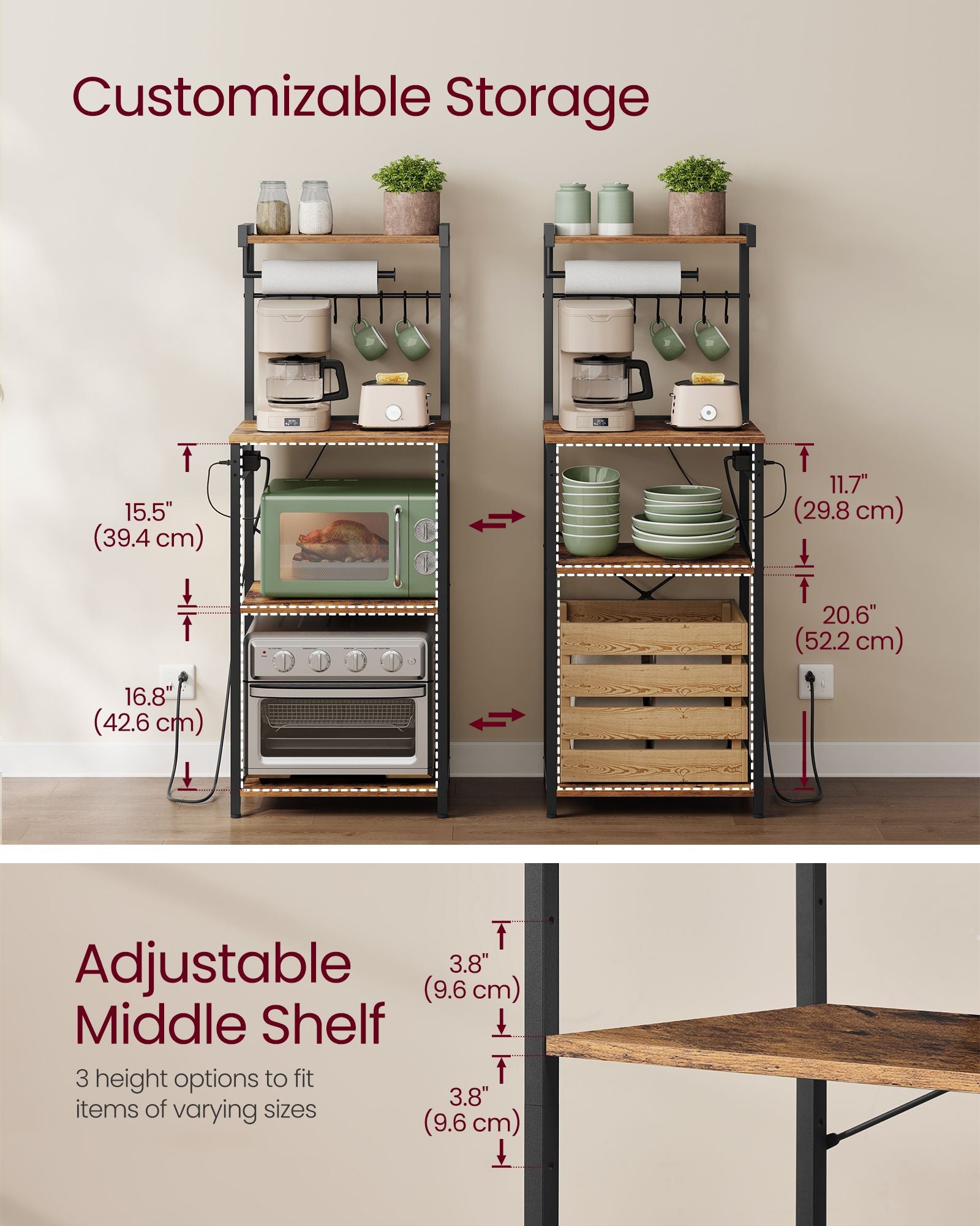 BARNET Collection - Kitchen Bakers Rack with Power Outlet - Rustic Brown, Ink Black