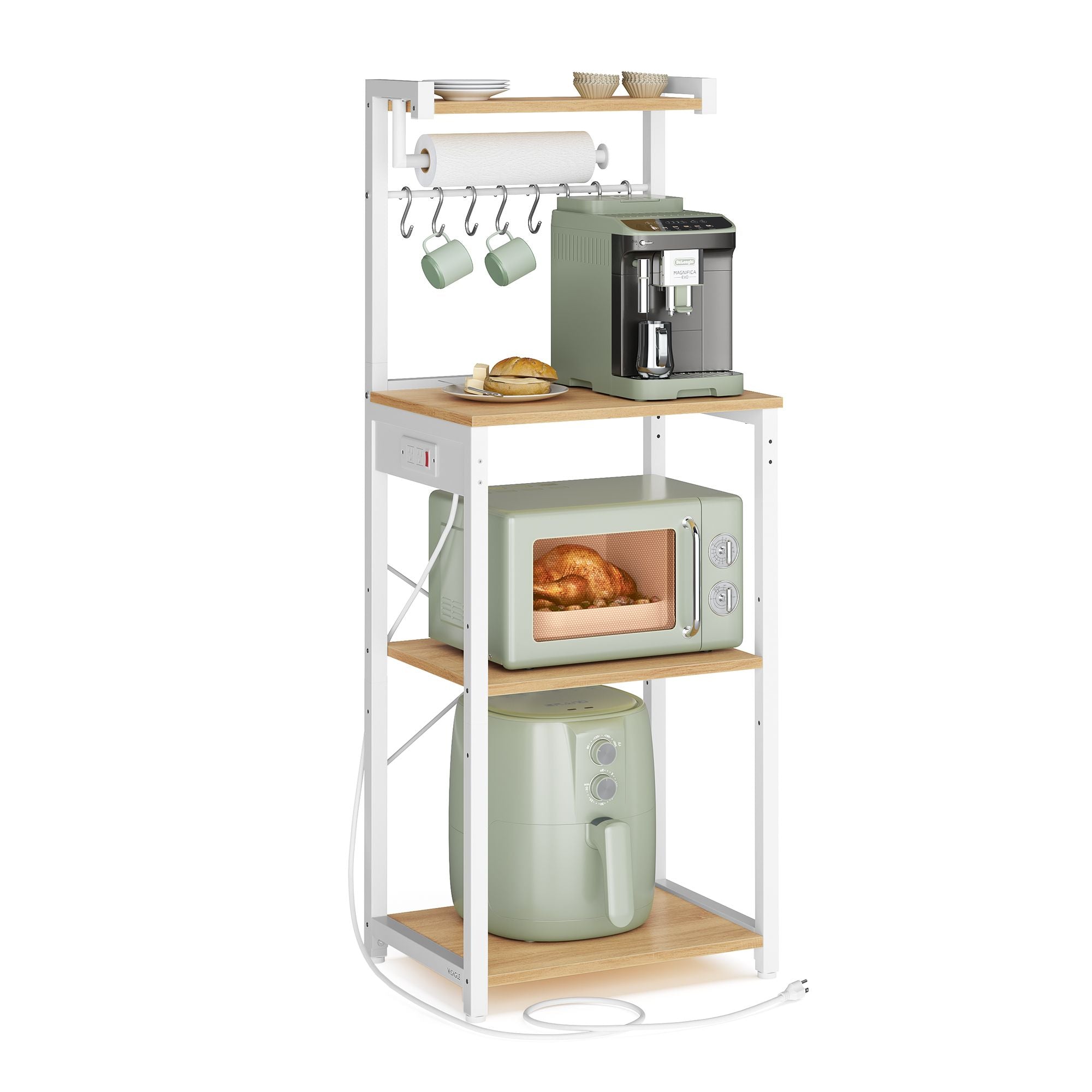 BARNET Collection - Kitchen Bakers Rack with Power Outlet - Golden Oak, Cloud White