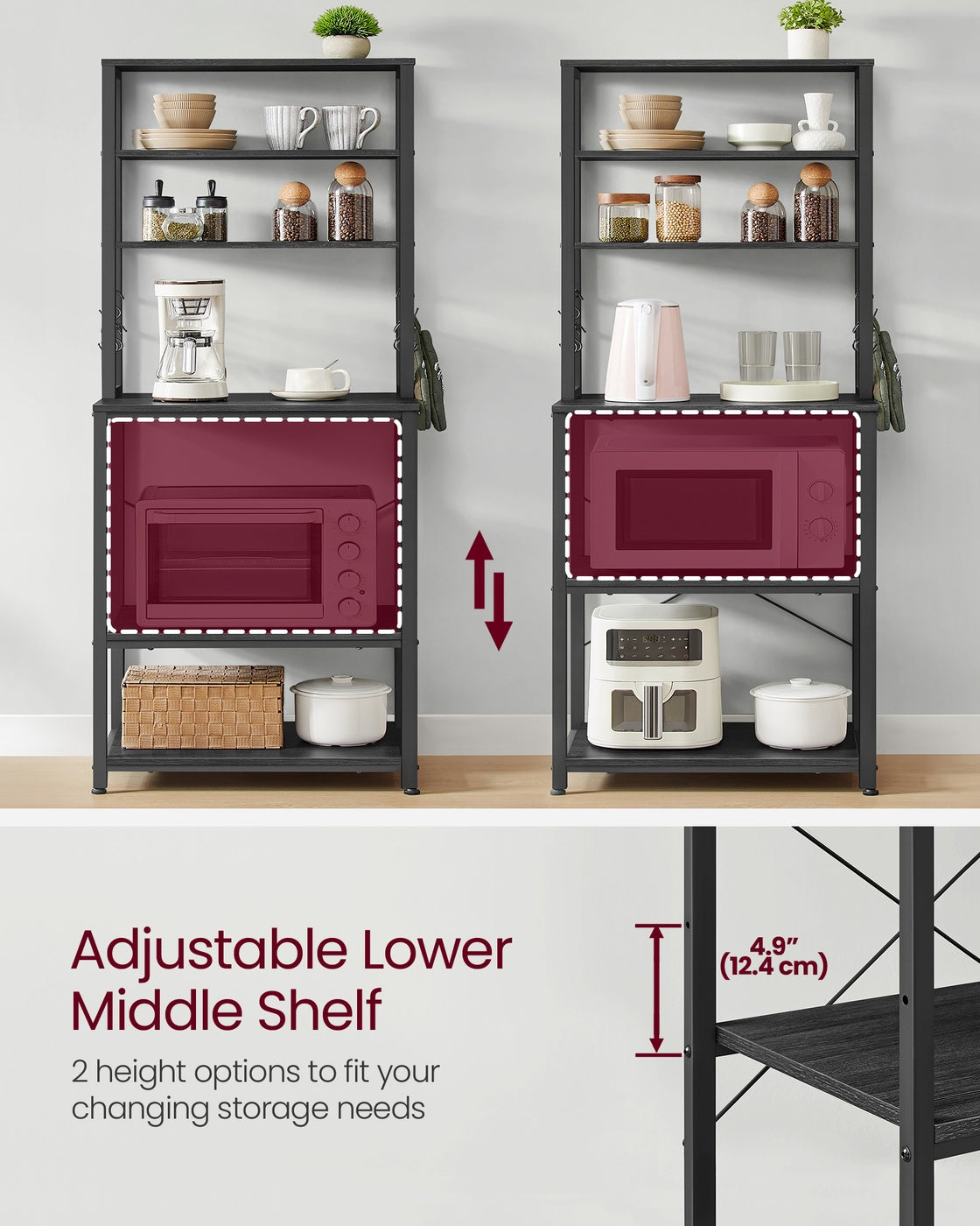 Baker's Rack for Kitchen - With Storage - 6 Hooks