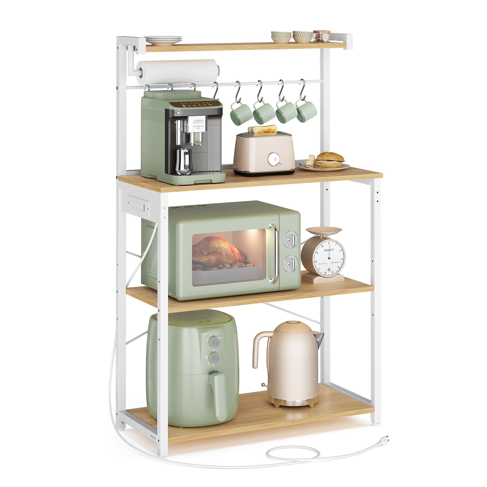 BARNET Collection - Kitchen Bakers Rack with Power Outlet - Golden Oak, Cloud White
