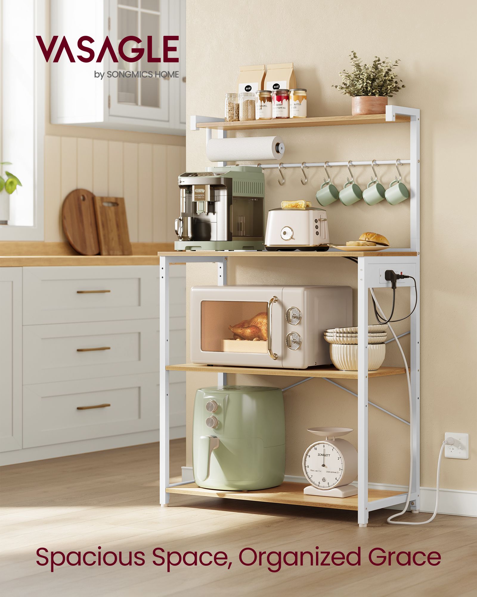 BARNET Collection - Kitchen Bakers Rack with Power Outlet - Golden Oak, Cloud White