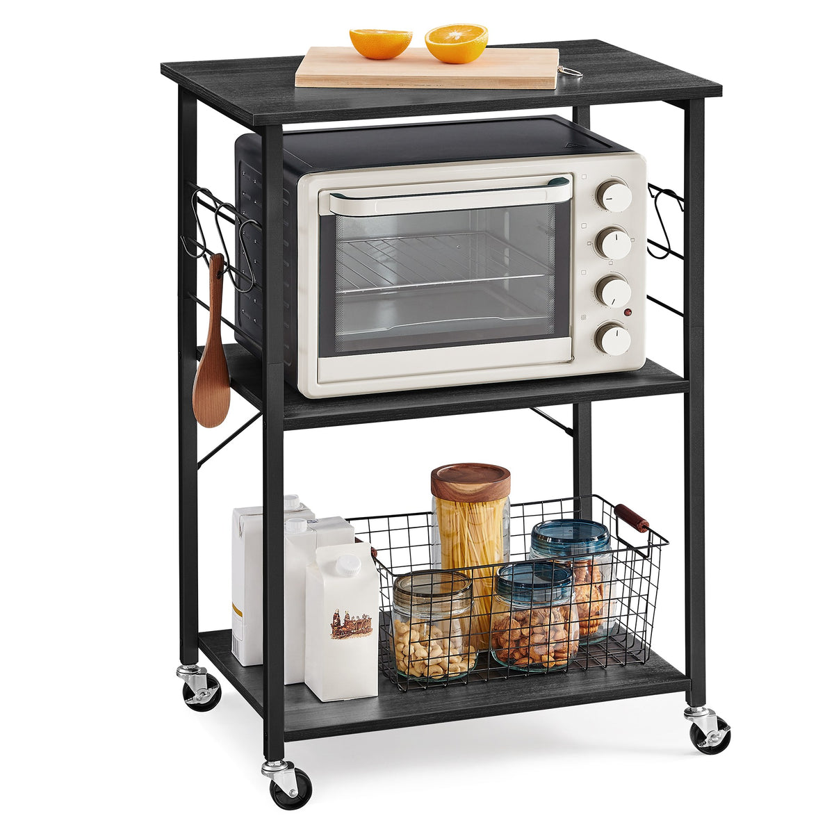 Industrial Kitchen Baker's Rack - 3 Tier - Microwave Stand With 6 Hooks - Ebony Black, Ink Black
