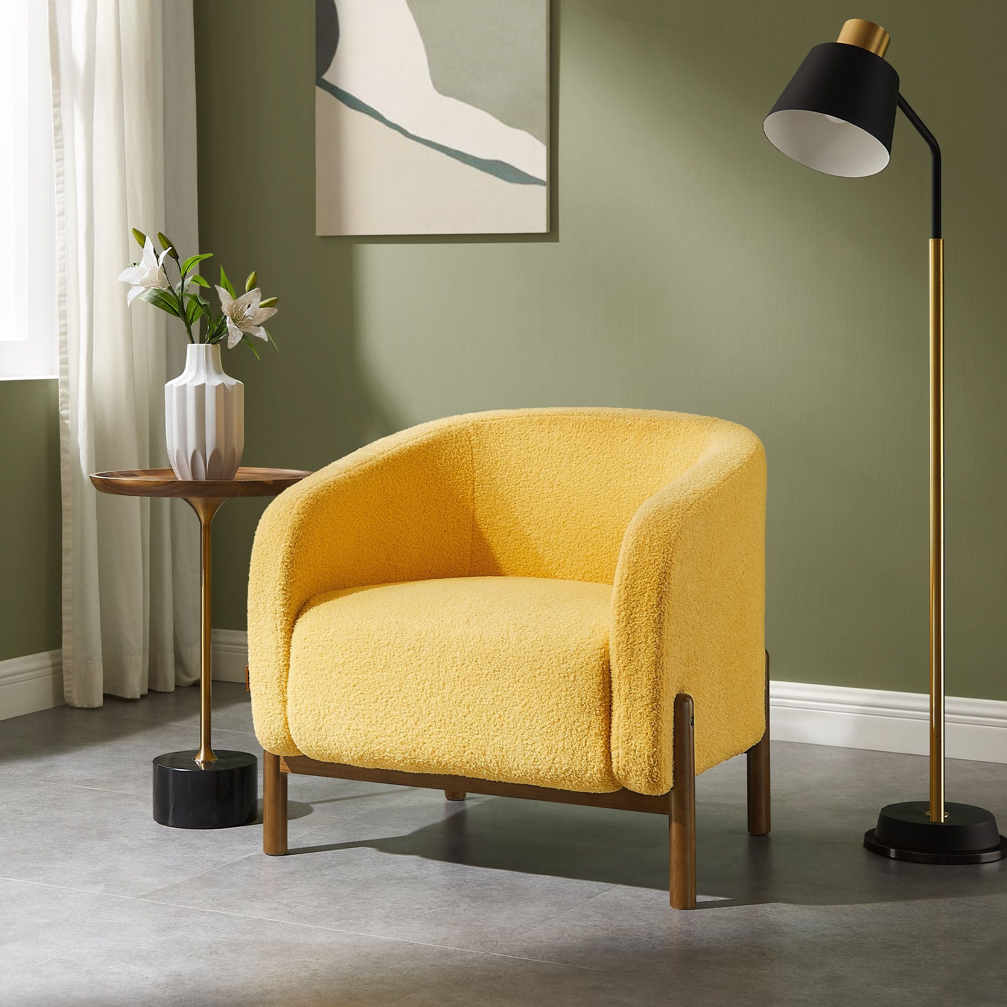 Accent Barrel Chair - Fleece Armchair with Solid Wood Legs