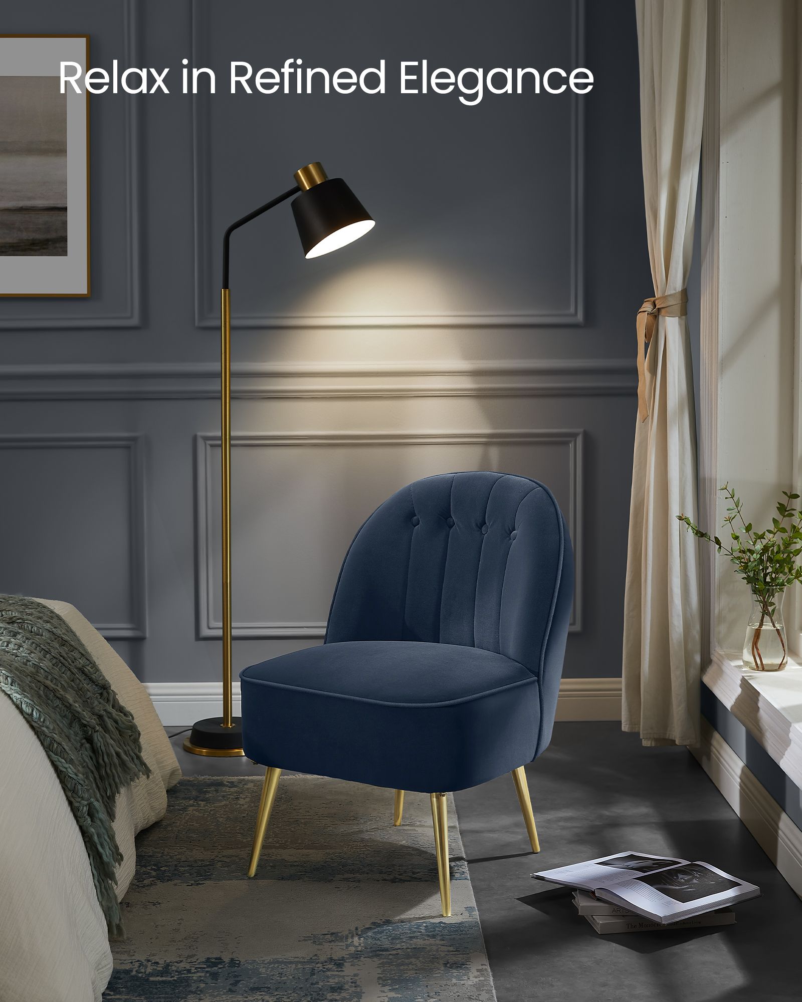 Accent Chair - Velvet Vanity Chair with Metal Legs - Shell-Shaped Back - Wide Seat - Luxury Style - Navy Blue