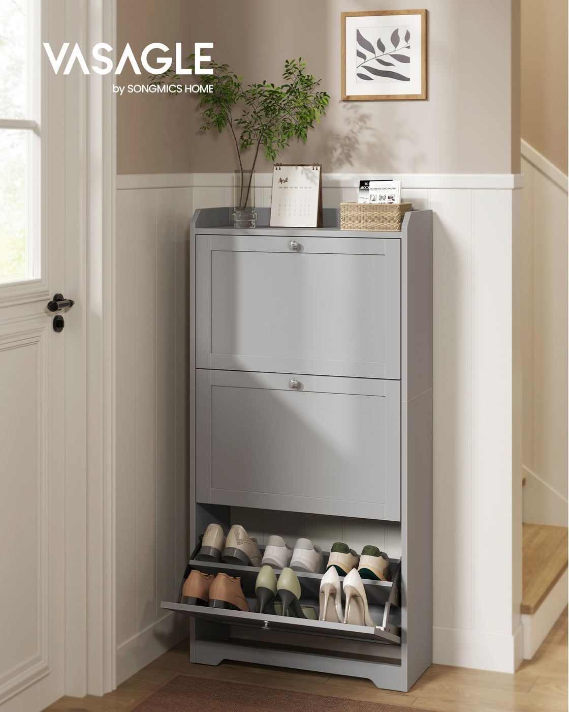 Shoe Cabinet - 3 Flip Drawers - 9.4 x 23.6 x 47.7 Inches - Dove Gray - Dove Gray
