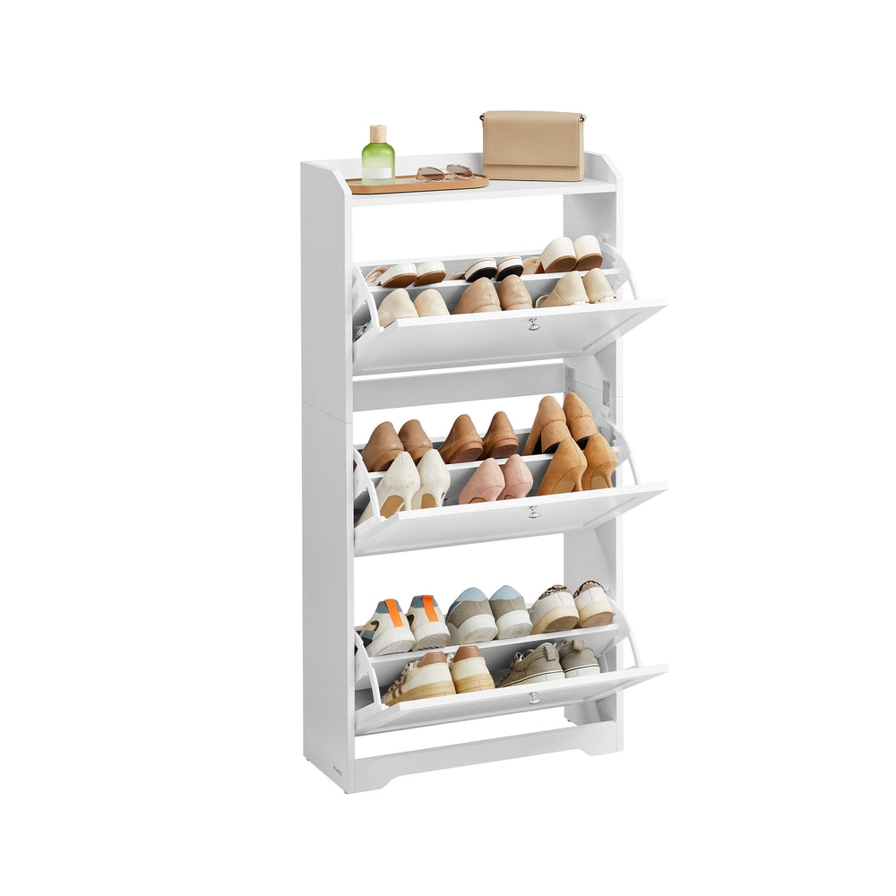 Shoe Cabinet - 3 Flip Drawers - 9.4 x 23.6 x 47.7 Inches - Dove Gray - Cloud White