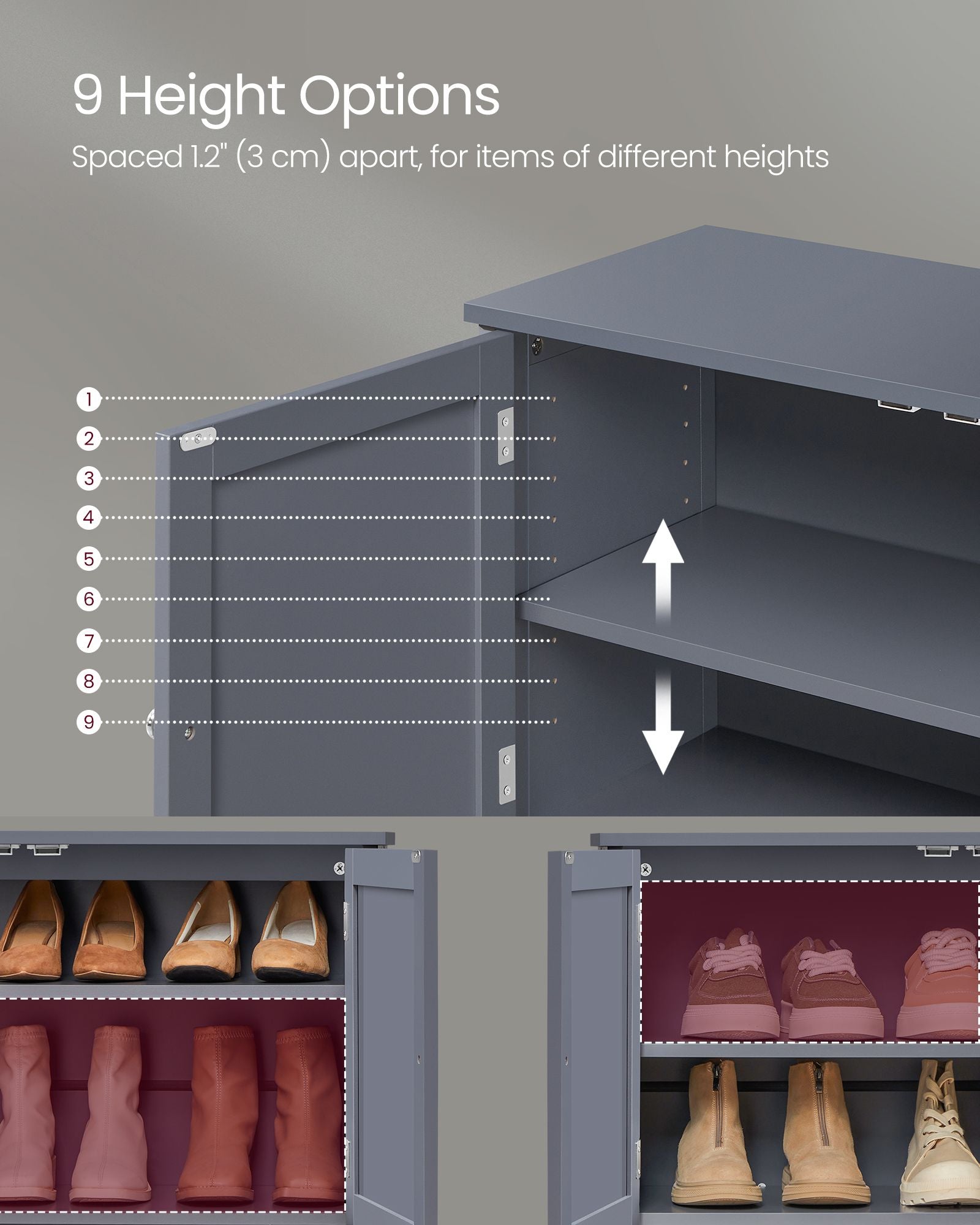 Shoe Cabinet - 3-Tier Shoe Storage Organizer - Slate Gray