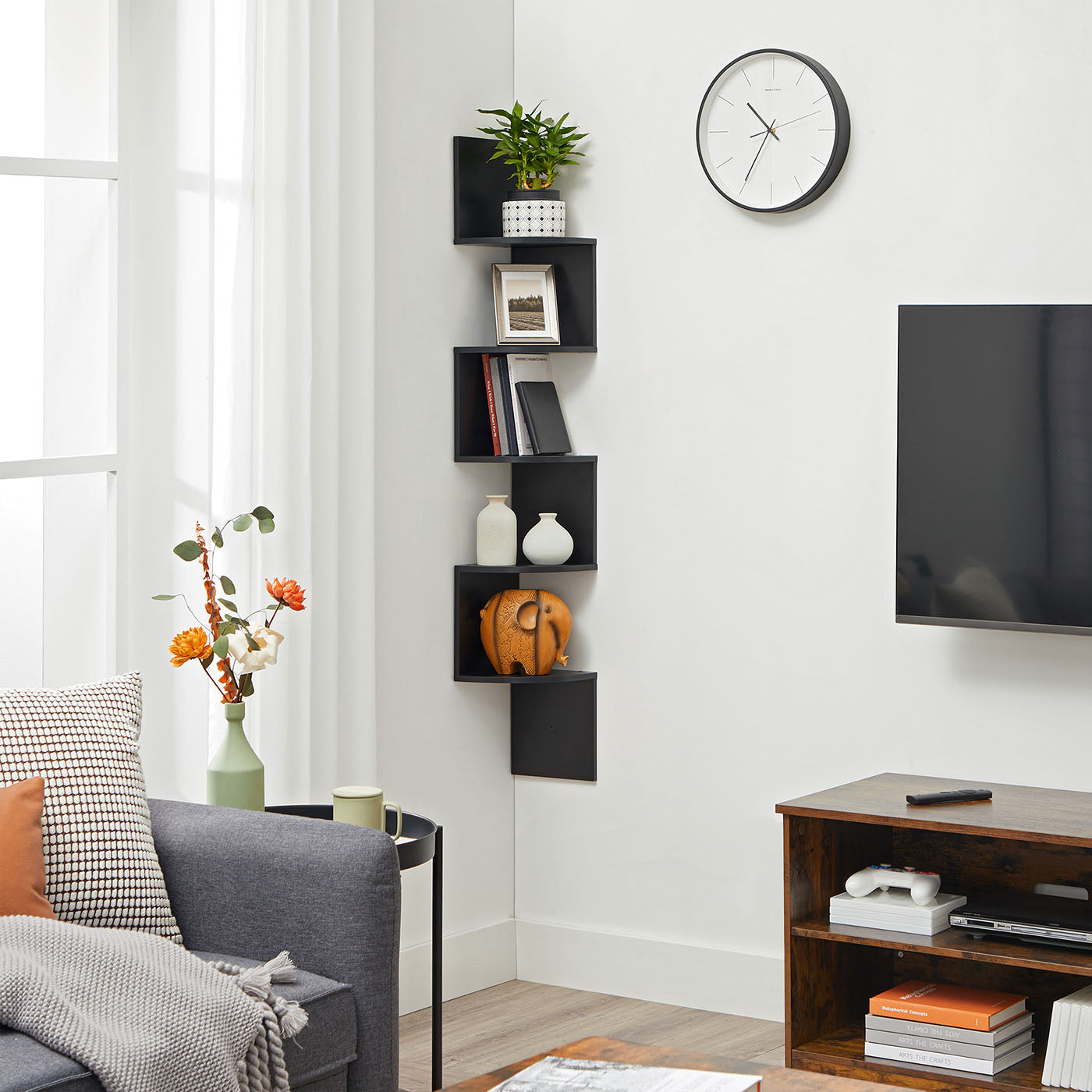 5-Tier Floating Corner Bookshelf - Ink Black