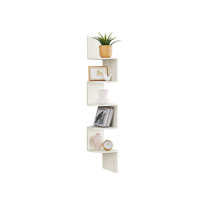 5-Tier Floating Corner Bookshelf - Rustic White